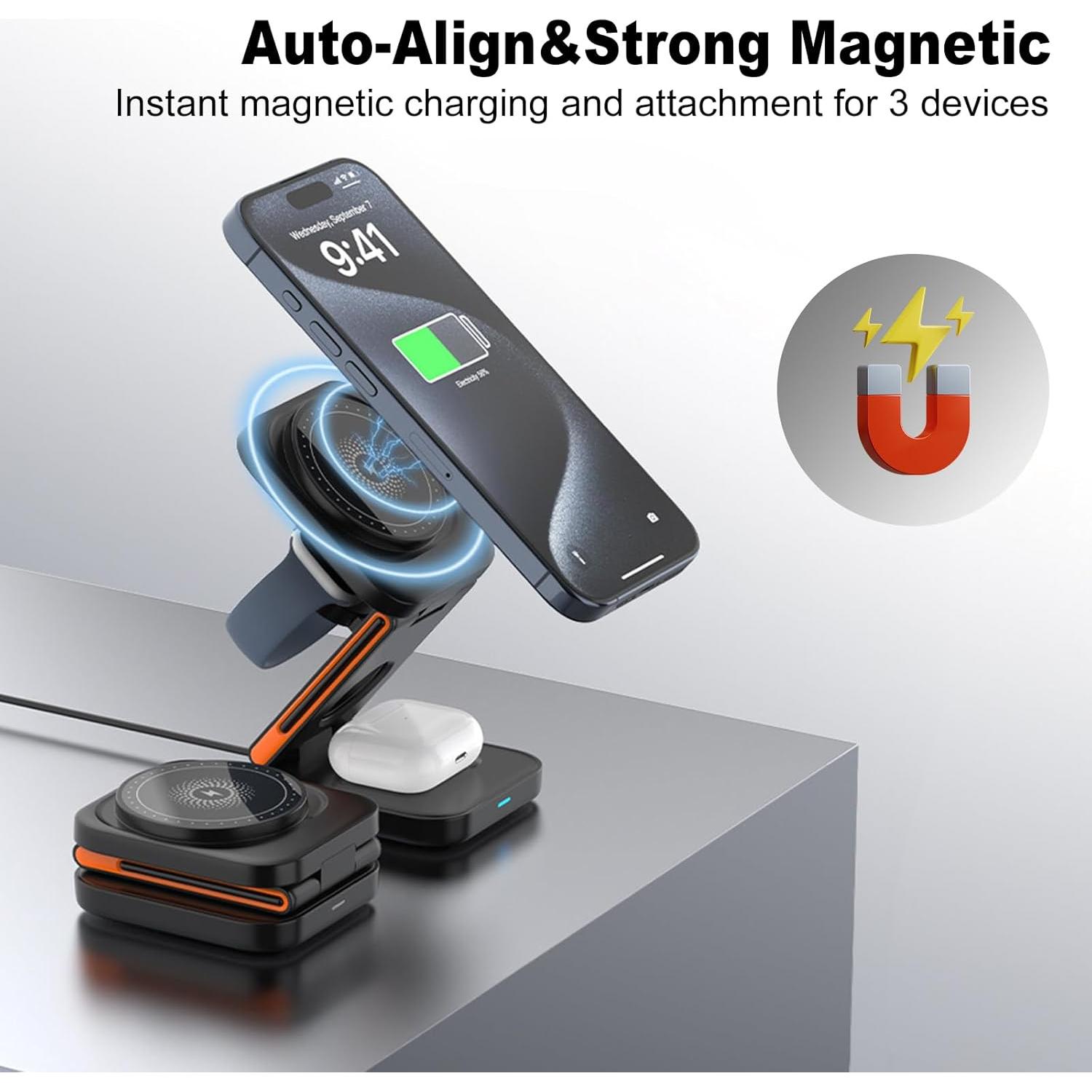 Estación de Carga Inalámbrica 3 en 1 EFAITHFIX Plegable Negro