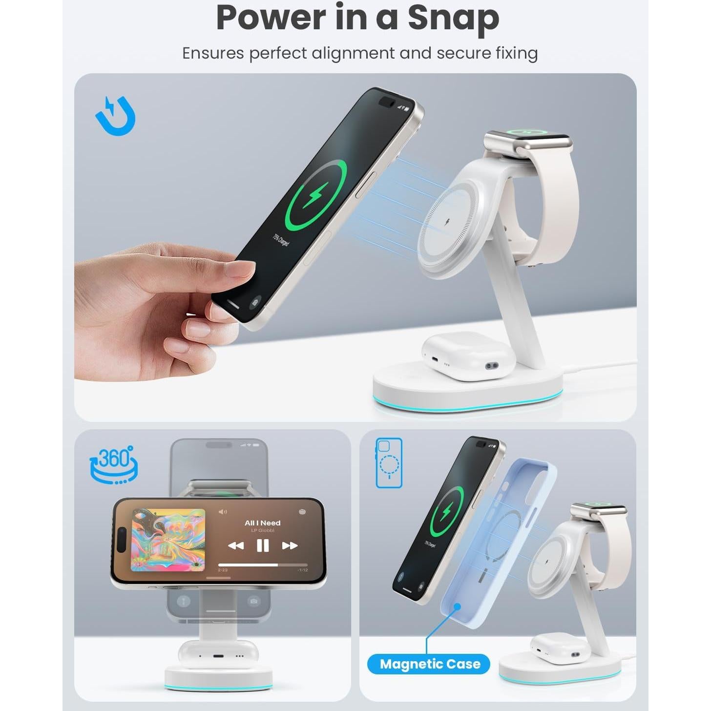 Estación de Carga Inalámbrica 3 en 1 AONIMI Qi2 15W con Luz Nocturna