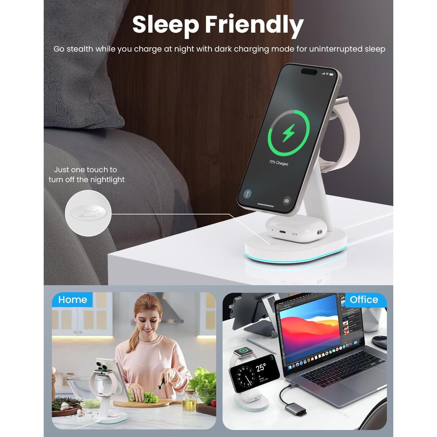 Estación de Carga Inalámbrica 3 en 1 AONIMI Qi2 15W con Luz Nocturna