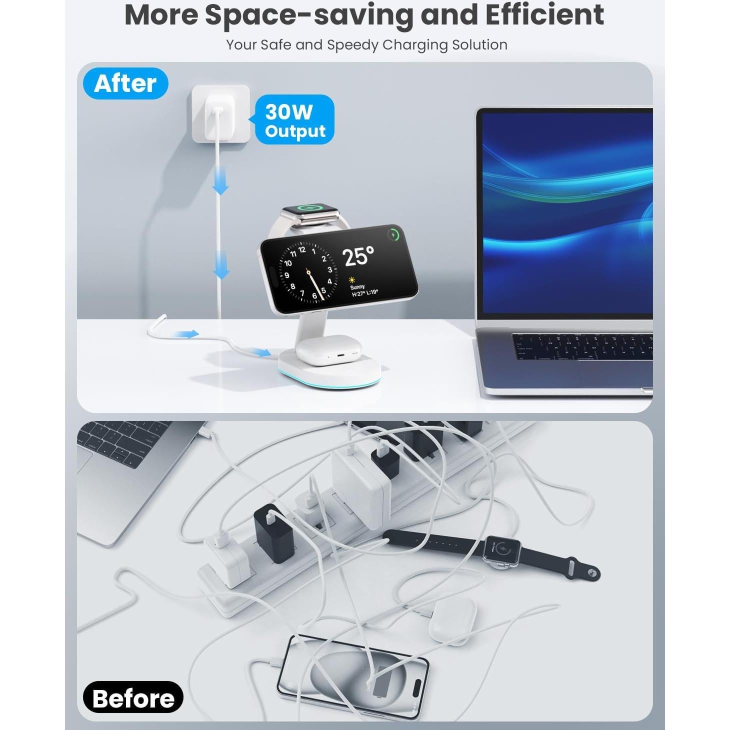 Estación de Carga Inalámbrica 3 en 1 AONIMI Qi2 15W con Luz Nocturna