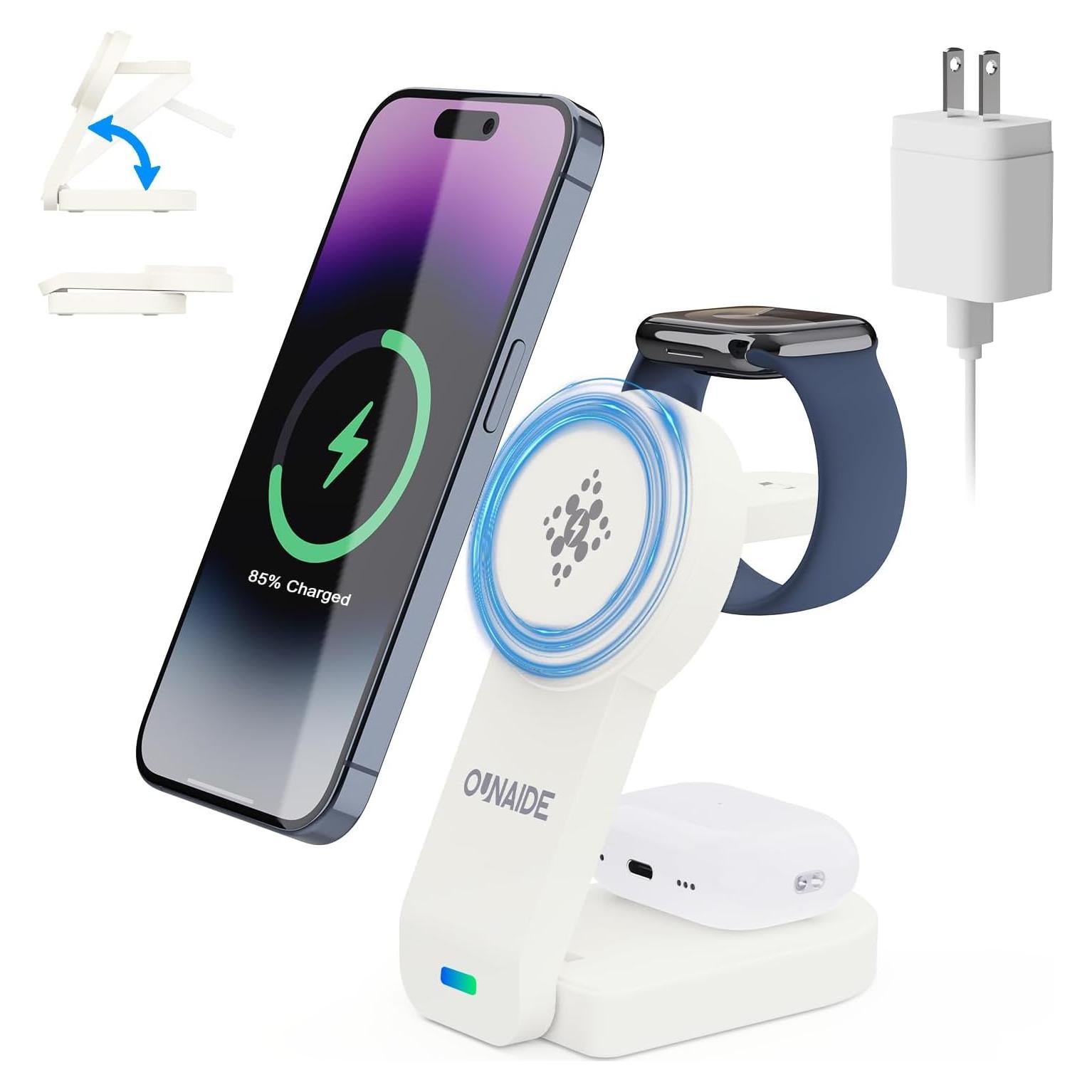 Cargador Inalámbrico 3 en 1 OUNAIDE MagSafe 18W - Blanco
