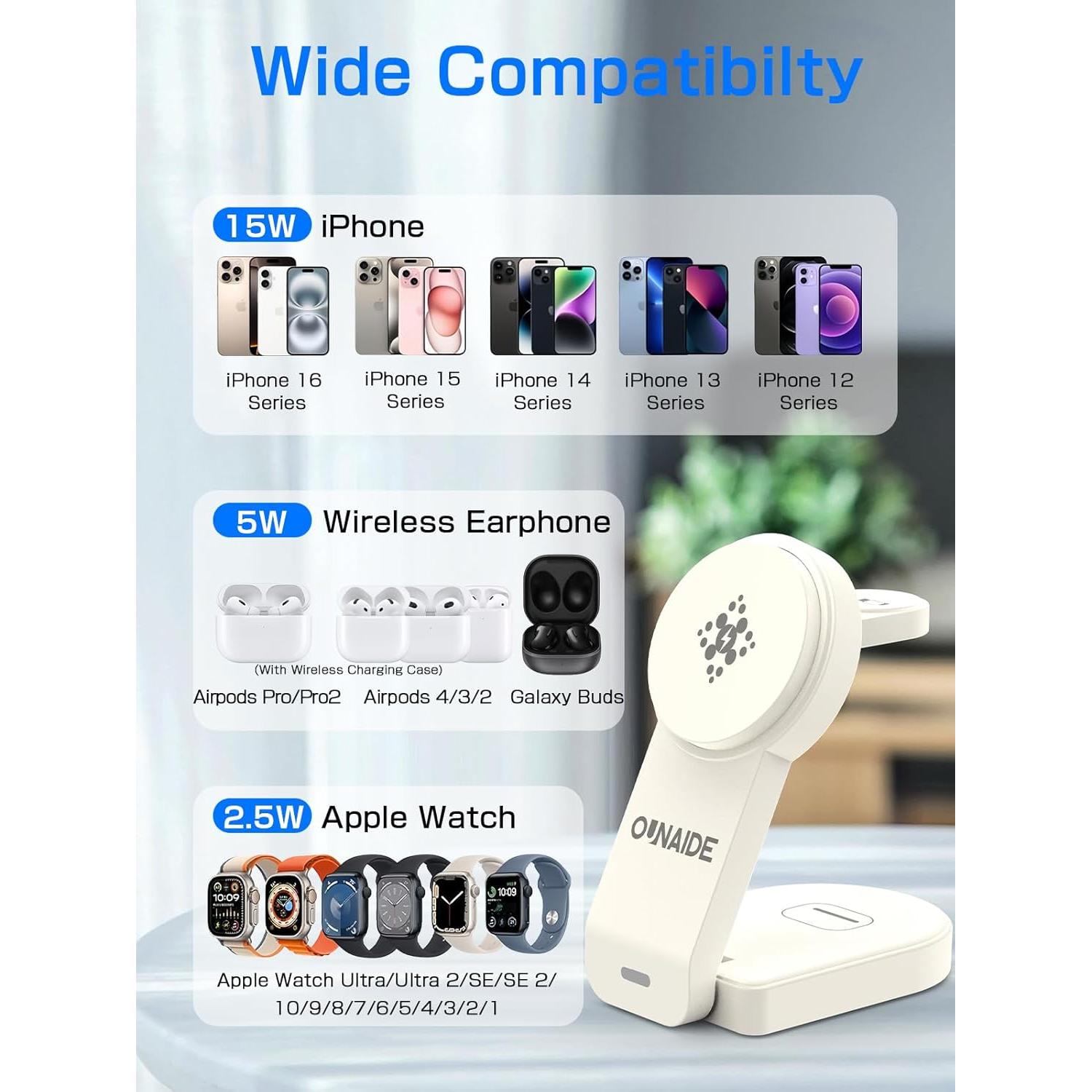 Cargador Inalámbrico 3 en 1 OUNAIDE MagSafe 18W - Blanco