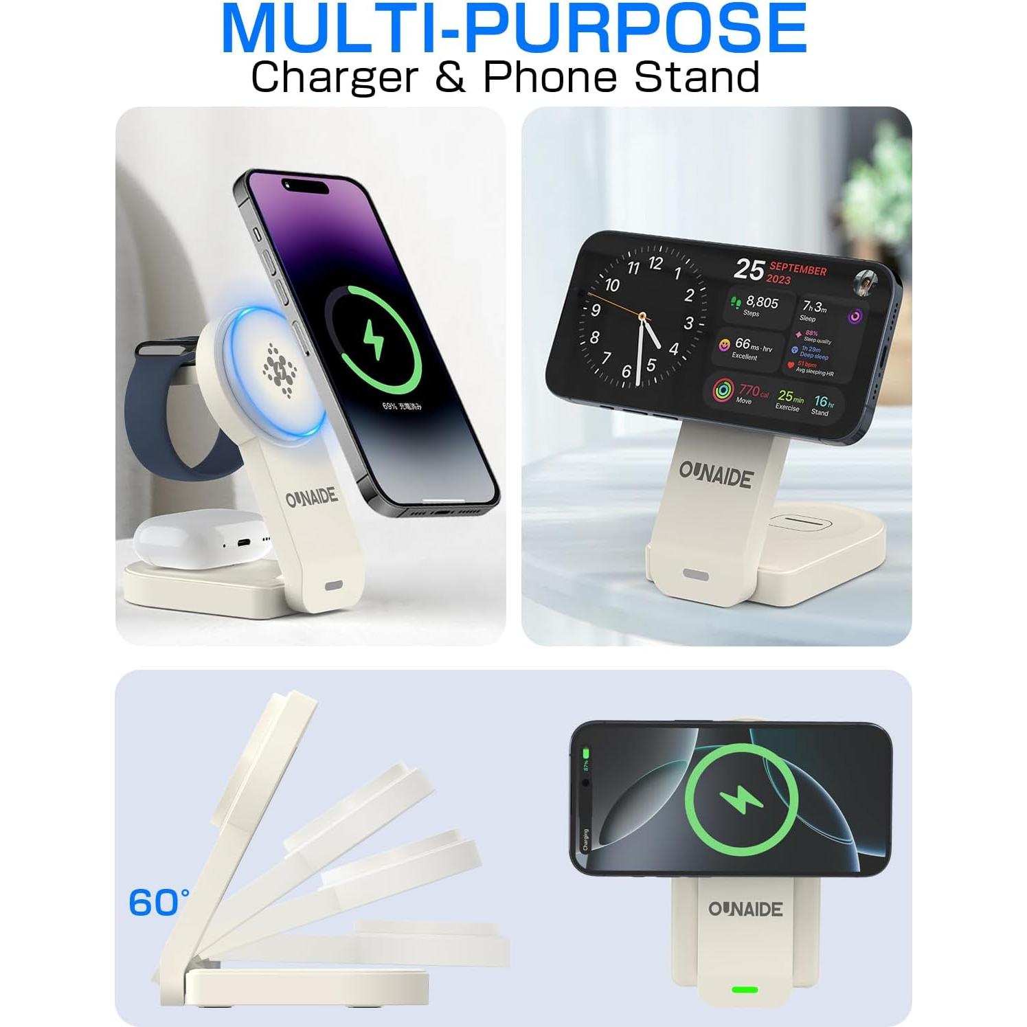 Cargador Inalámbrico 3 en 1 OUNAIDE MagSafe 18W - Blanco