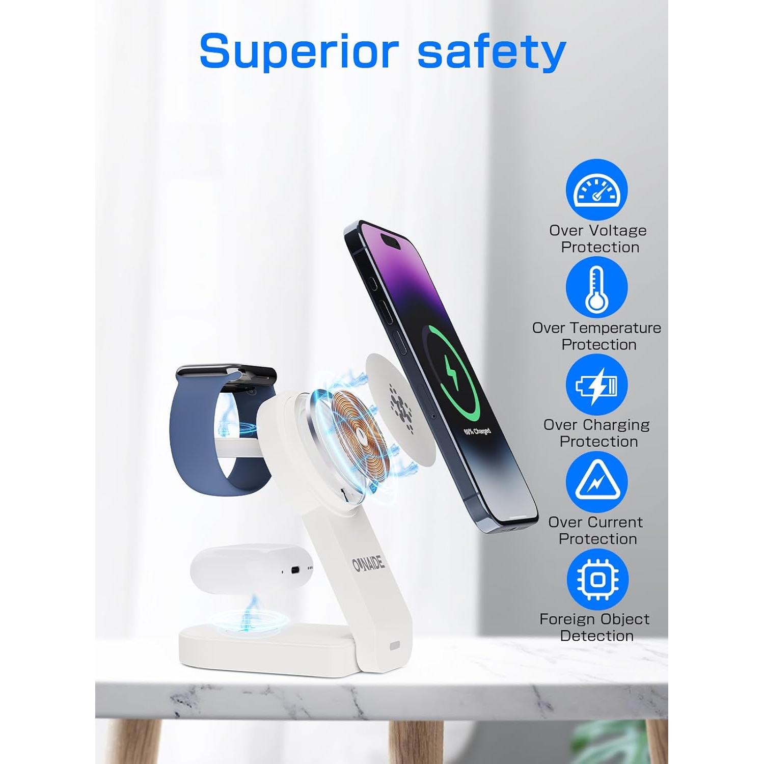 Cargador Inalámbrico 3 en 1 OUNAIDE MagSafe 18W - Blanco