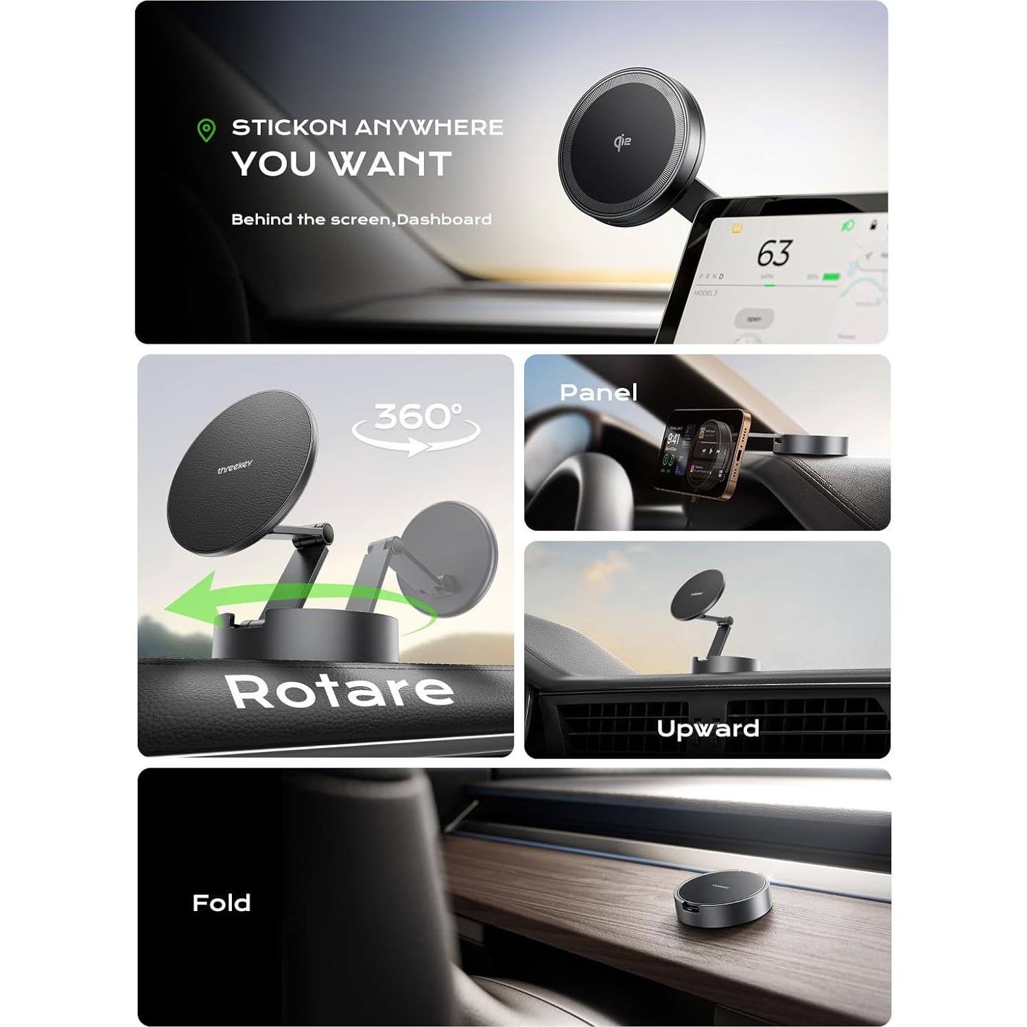 Soporte de Coche Magnético THREEKEY TZH101 Bronce con Carga Rápida Qi2