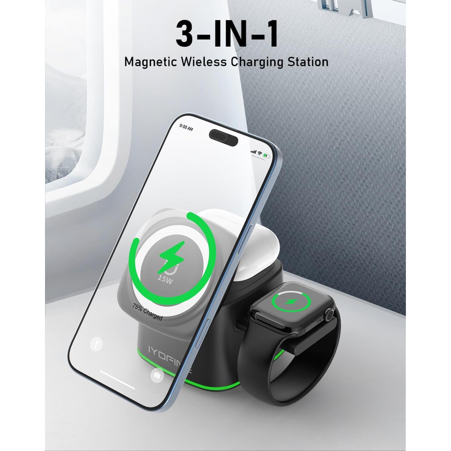 Estación de Carga 3 en 1 IYOFINE 15W para iPhone, Apple Watch y AirPods