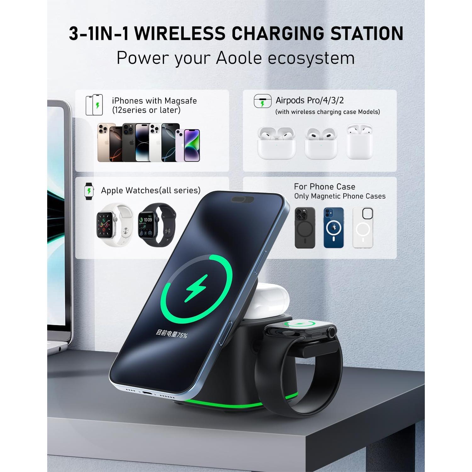Estación de Carga 3 en 1 IYOFINE 15W para iPhone, Apple Watch y AirPods