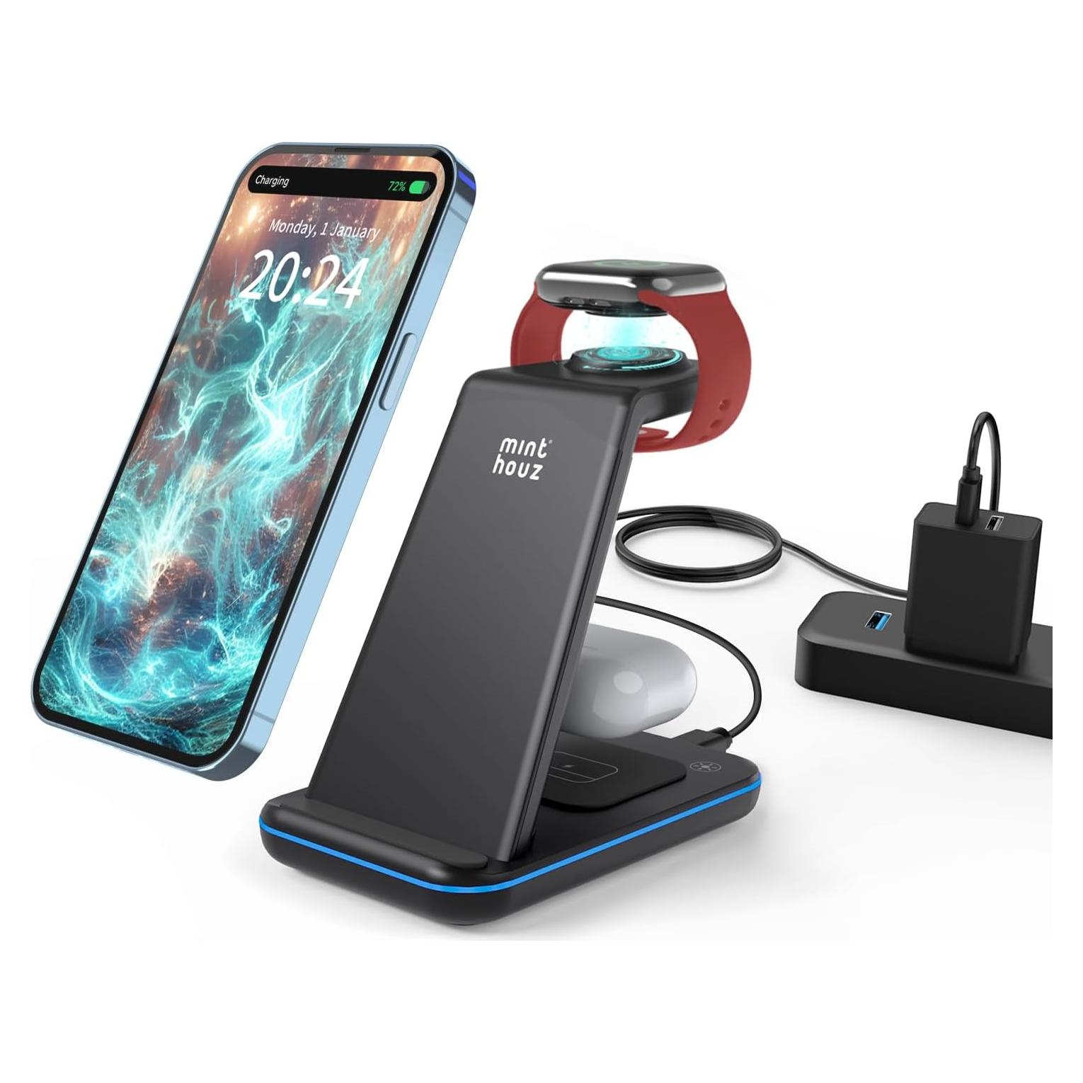 Cargador Inalámbrico 3 en 1 Minthouz con Adaptador 20W