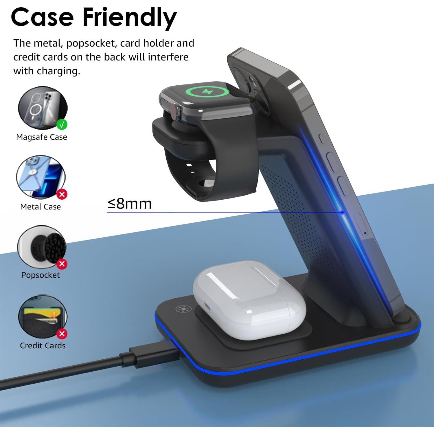 Cargador Inalámbrico 3 en 1 Minthouz con Adaptador 20W