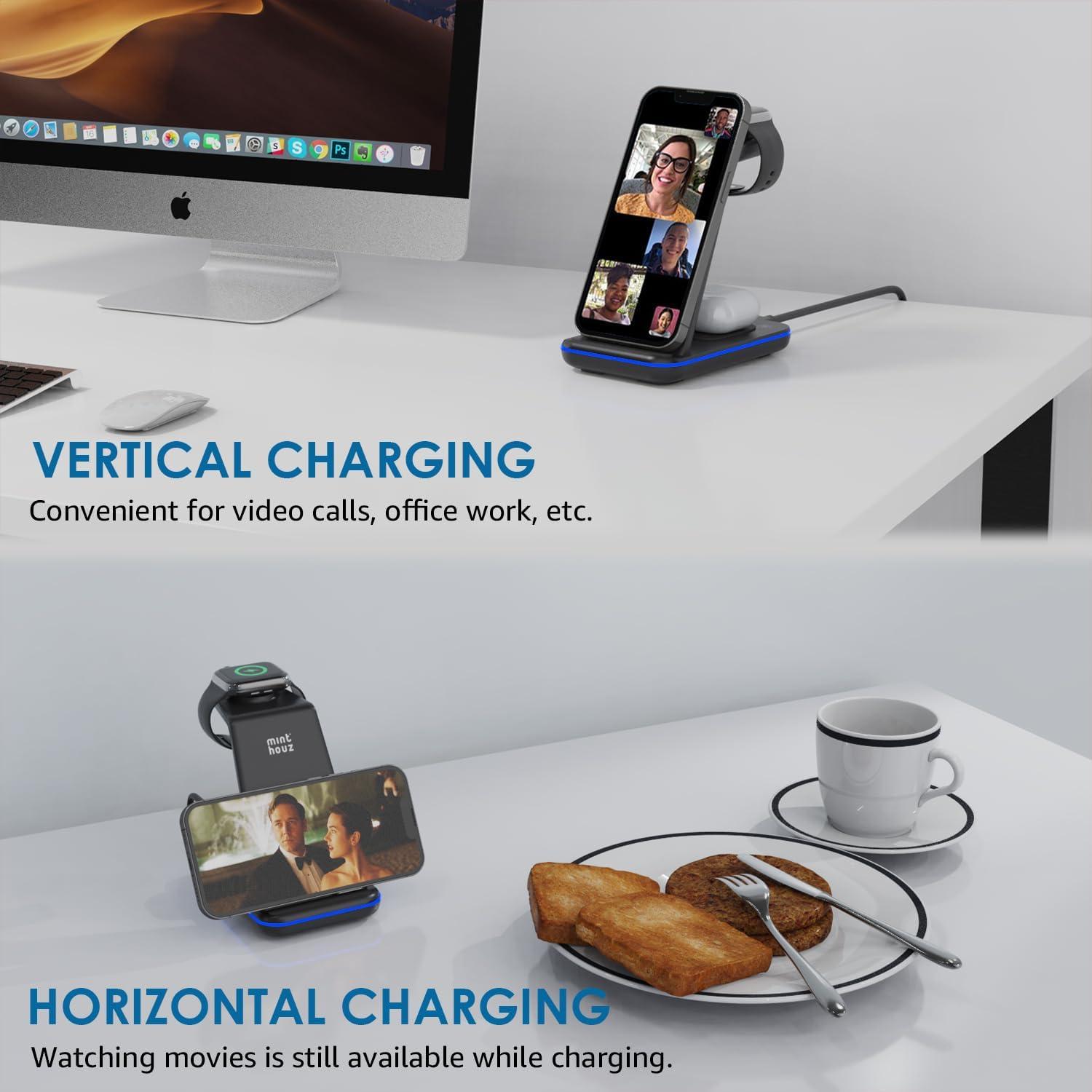 Cargador Inalámbrico 3 en 1 Minthouz con Adaptador 20W