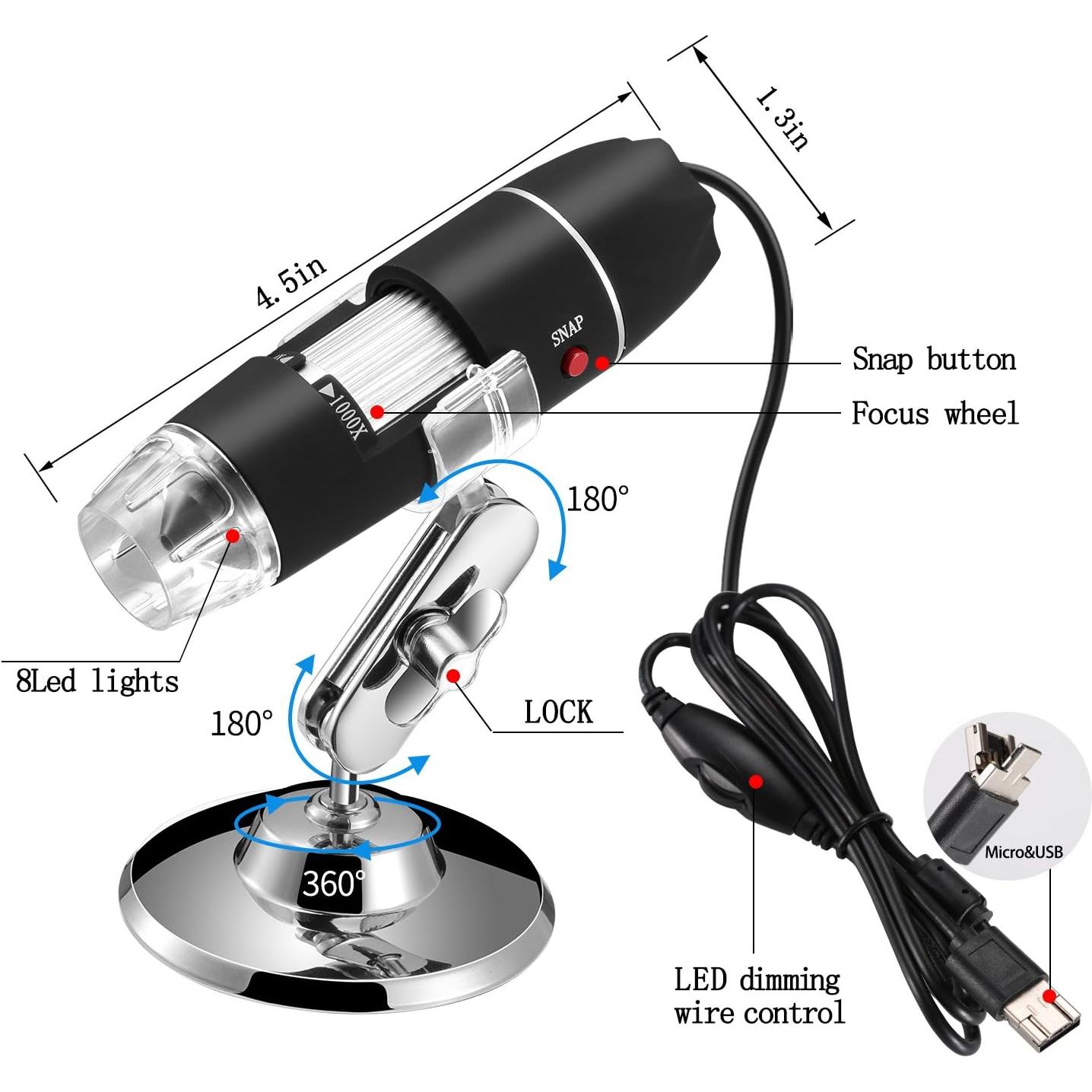 Microscopio USB Jiusion 40-1000X con Estuche y 8 LEDs