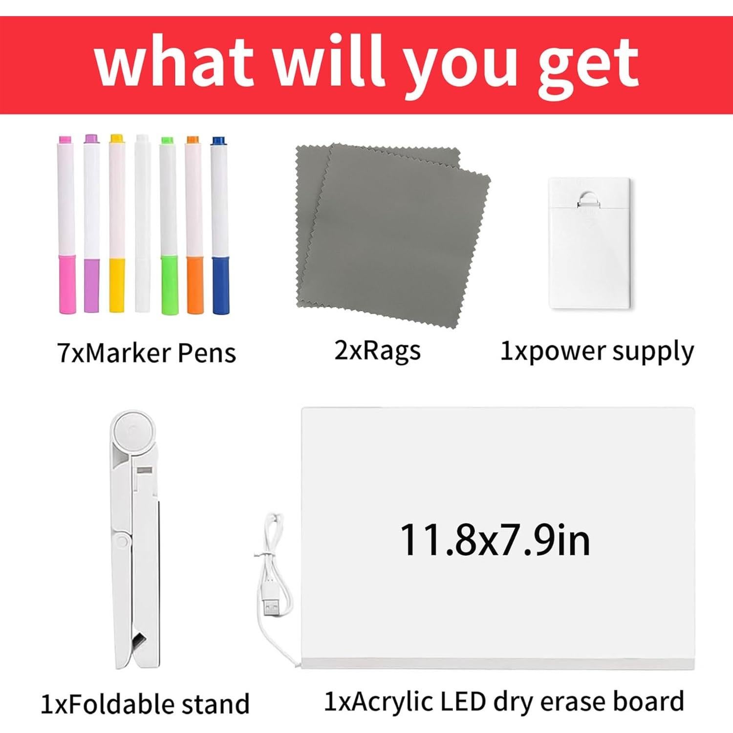 Tablero de Notas LED Acrílico Safoezy 30x20 cm con 7 Lápices