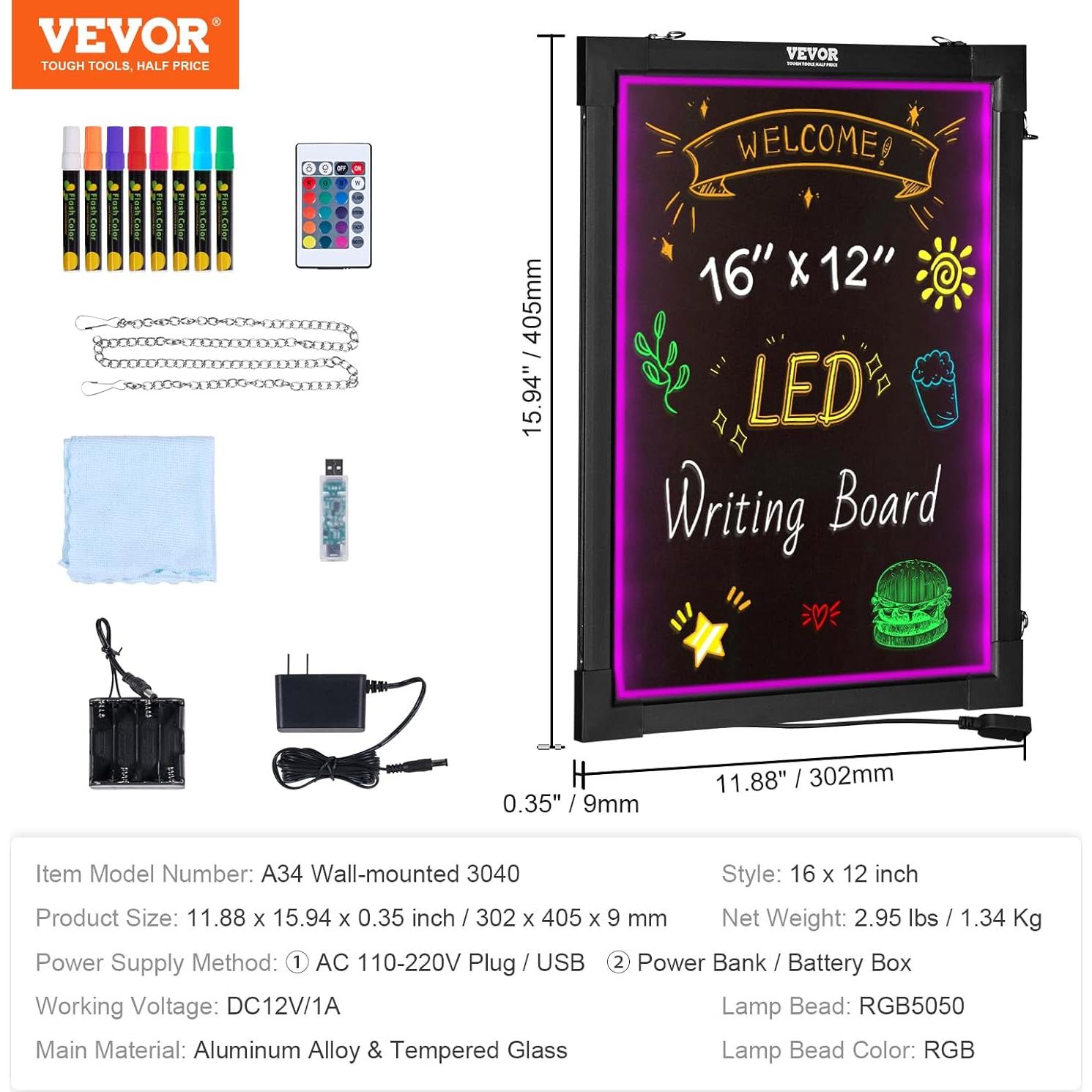 Tablero de Escritura LED VEVOR 40.64x30.48cm con Control Remoto