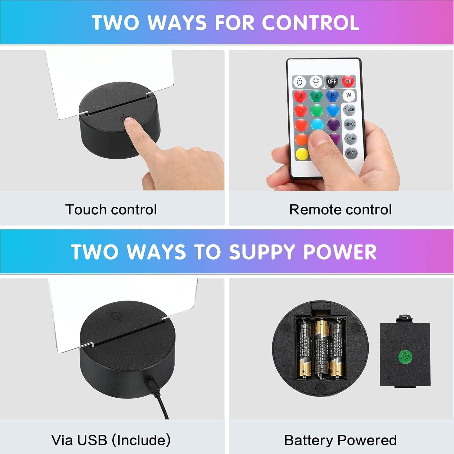 Set de 4 Lámparas LED 3D Honoson con Control Remoto y 16 Colores