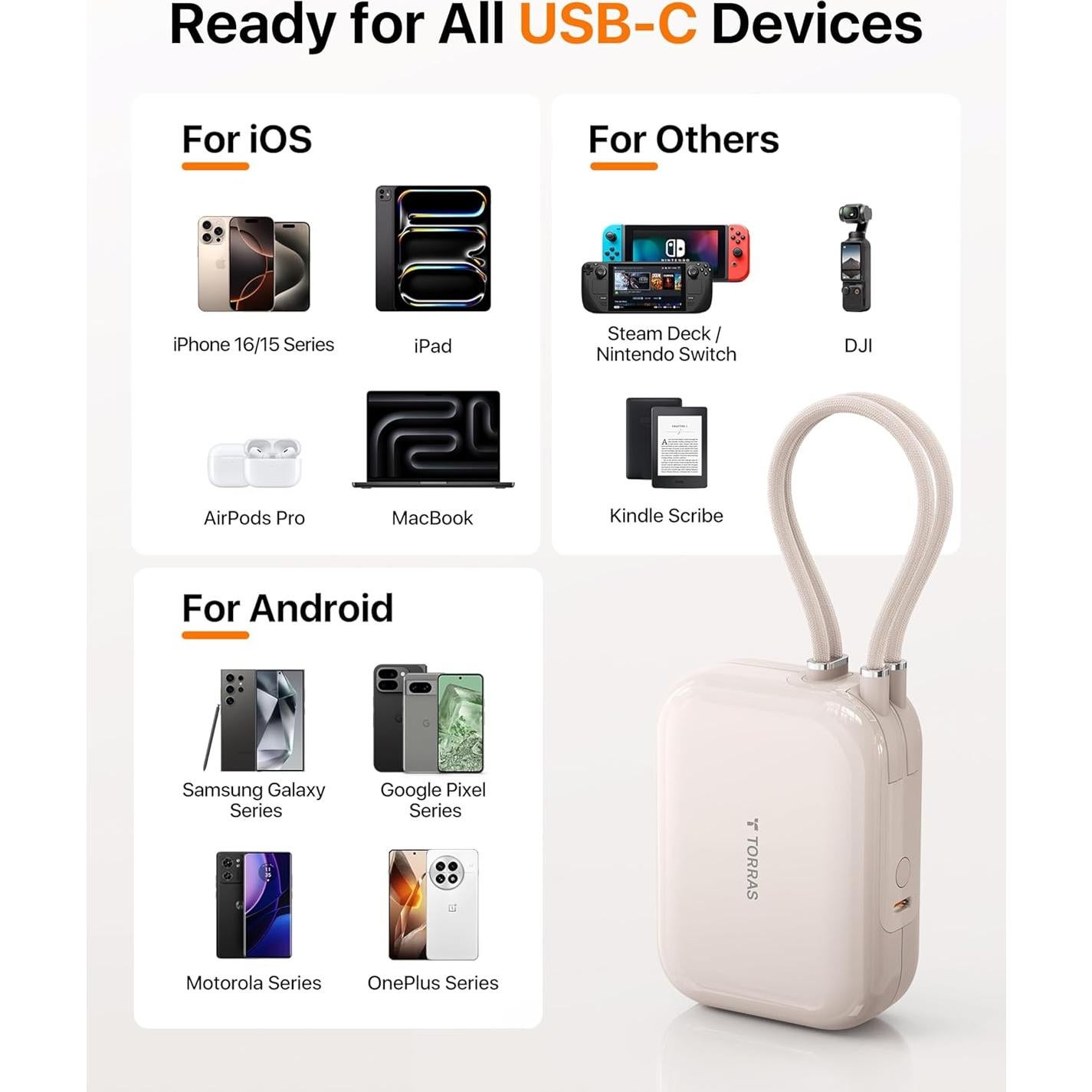 Power Bank TORRAS 10000mAh 45W USB-C Carga Rápida Oro