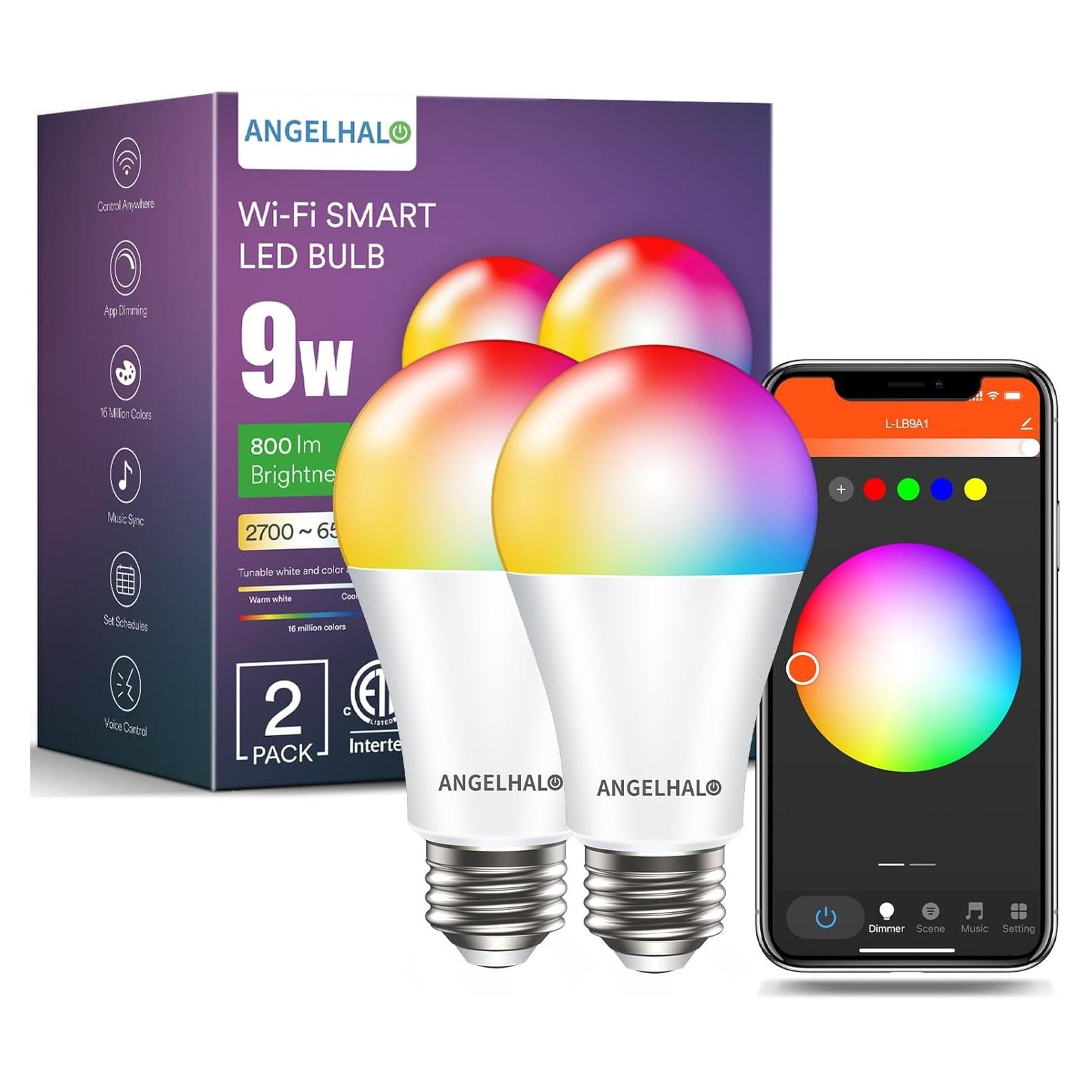 Bombillas Inteligentes ANGELHALO LED A19 RGBW 800 Lúmenes Paquete de 2