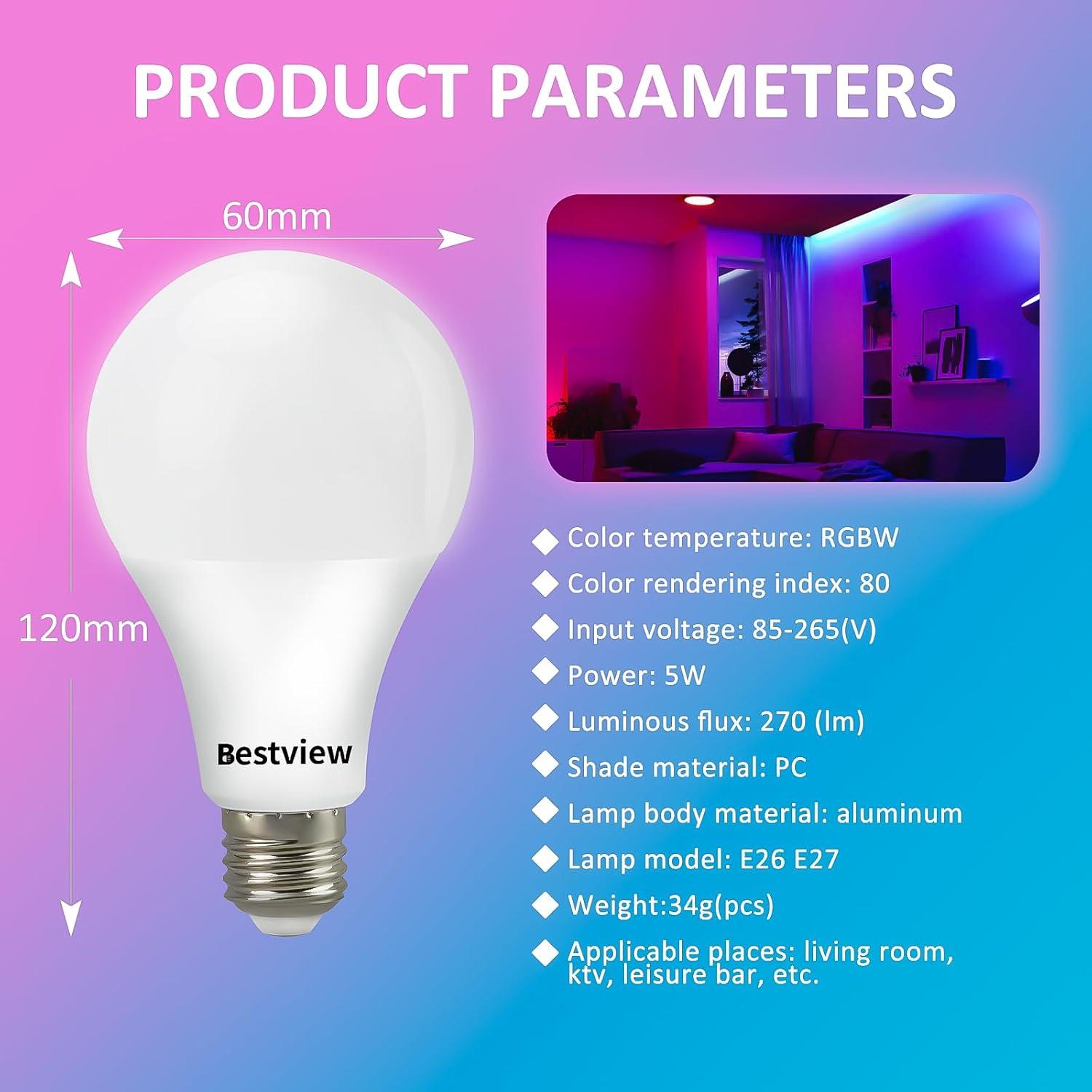 Bombillas LED RGBW Bestview E27 5W con control remoto - 2 unidades