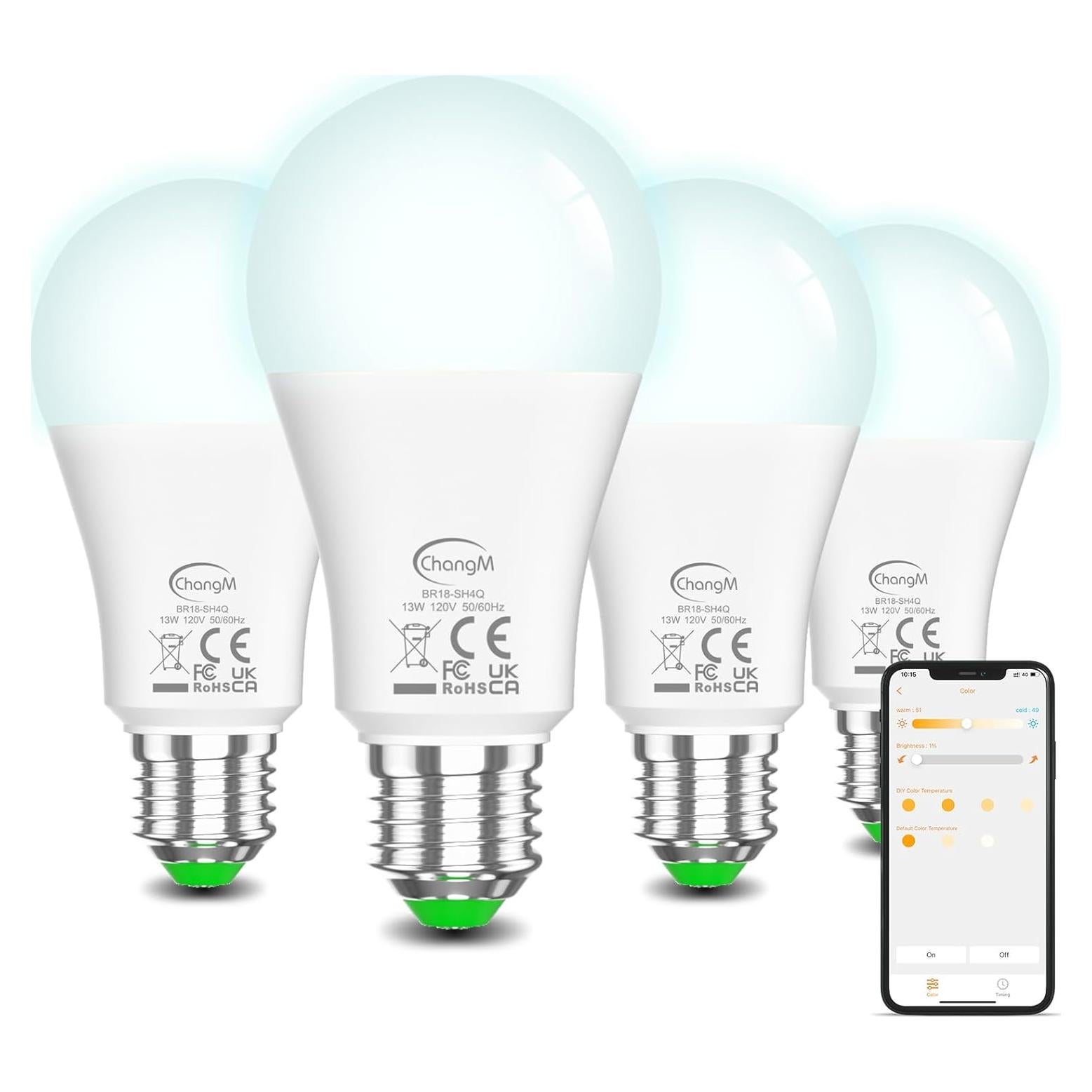 Bombillas LED Inteligentes ChangM 13W E26 Control APP Alexa 4 Pzas