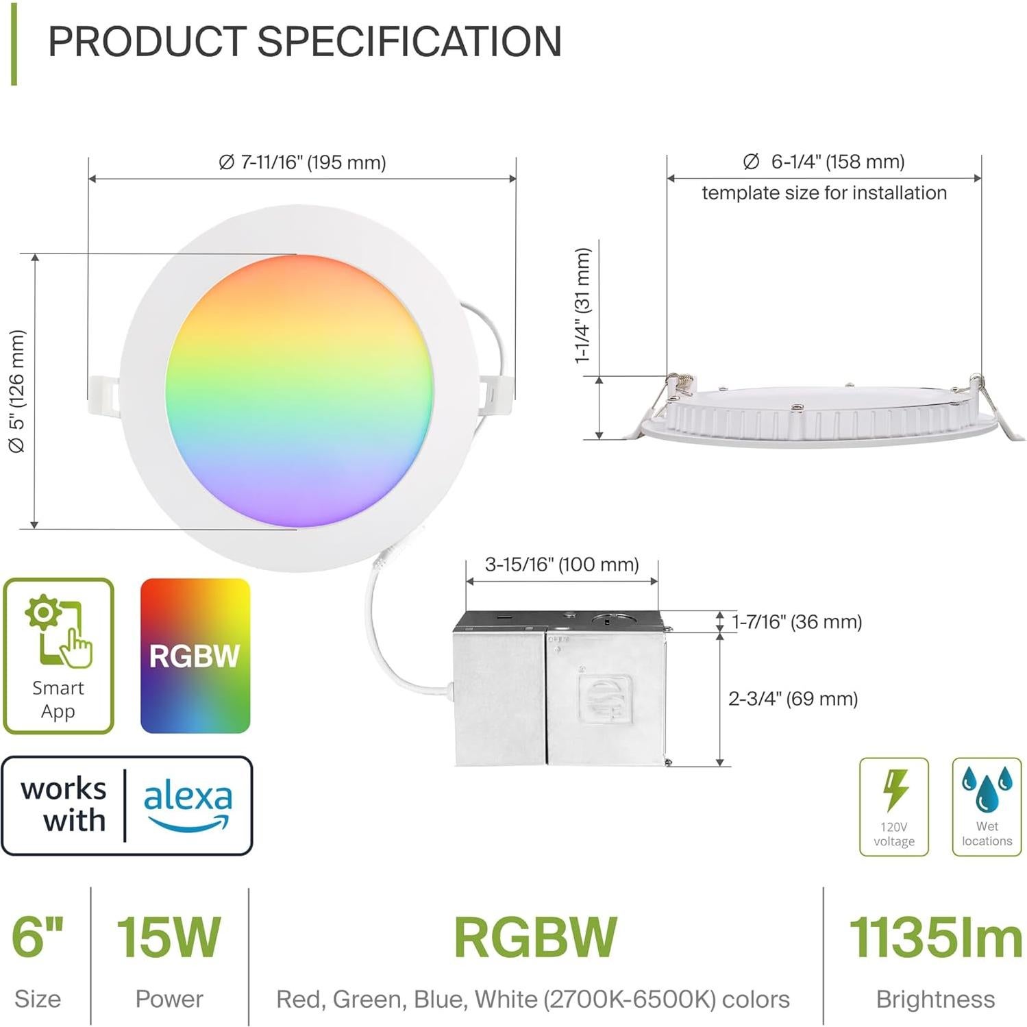 Paquete de 6 Luces LED Empotradas ASD RGBW 15W 2700K-6500K