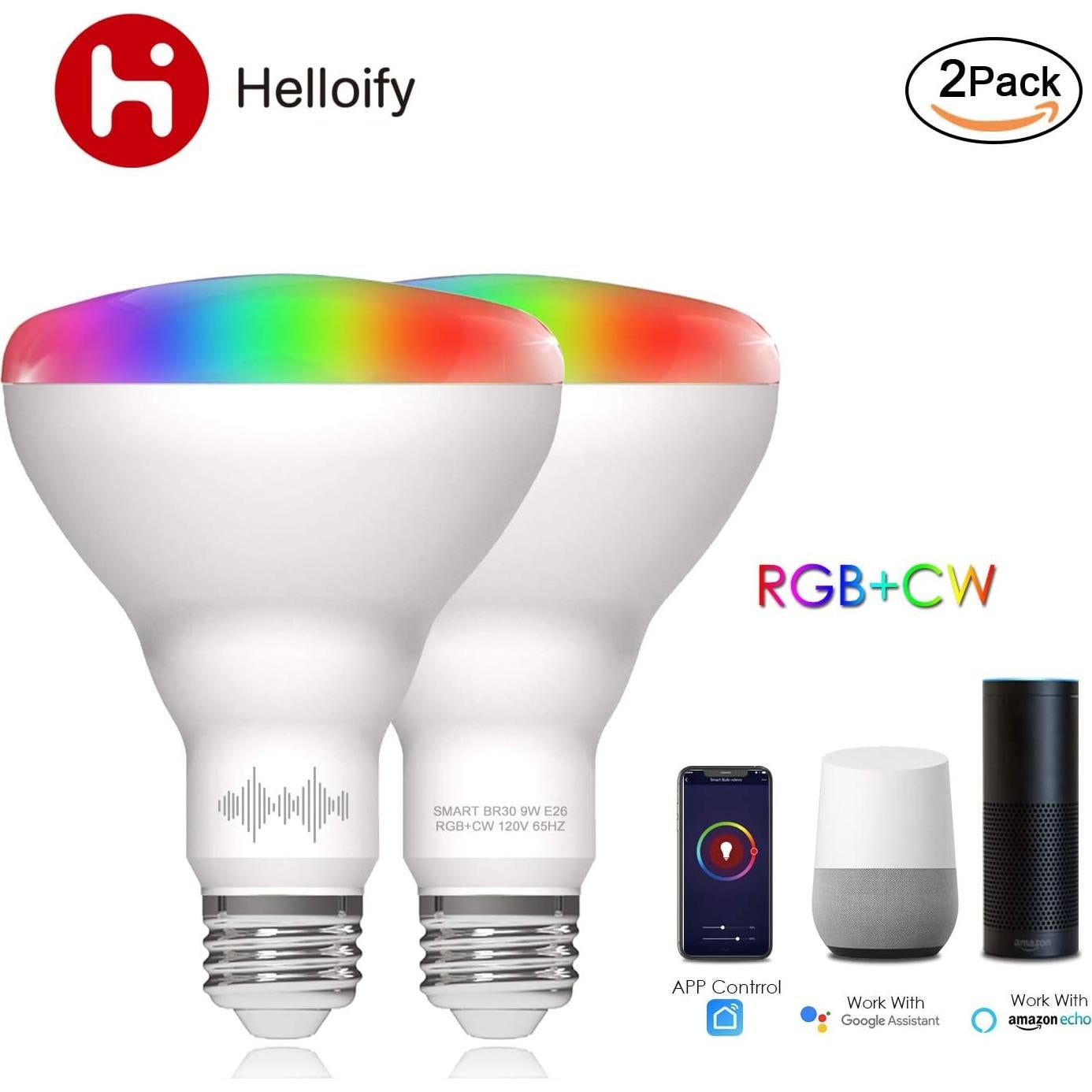 Bombillas LED inteligentes BR30 Helloify, 9W, RGB+2700K-6500K, 2 unidades