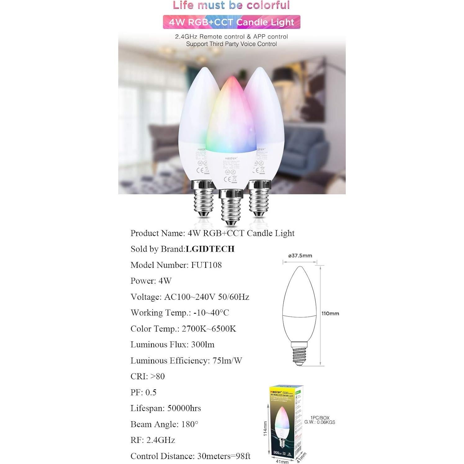 Bombilla LED de Vela RGB+CCT LGIDTECH FUT108 4W E14