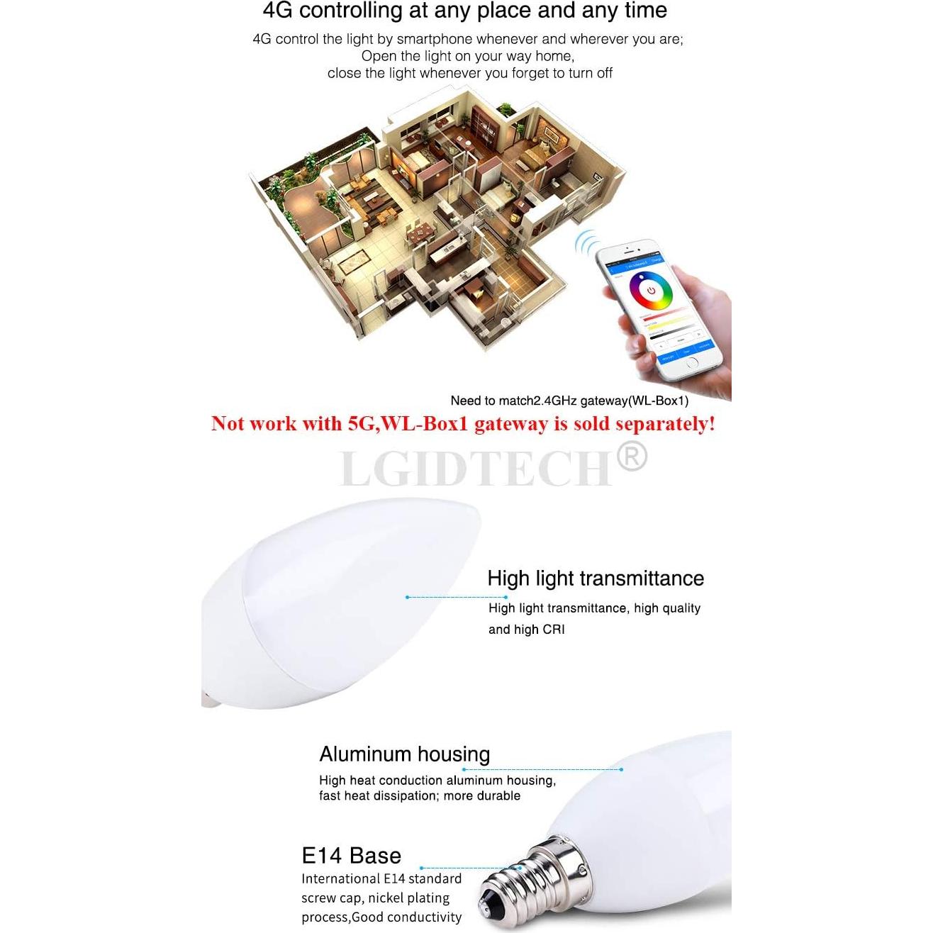 Bombilla LED de Vela RGB+CCT LGIDTECH FUT108 4W E14