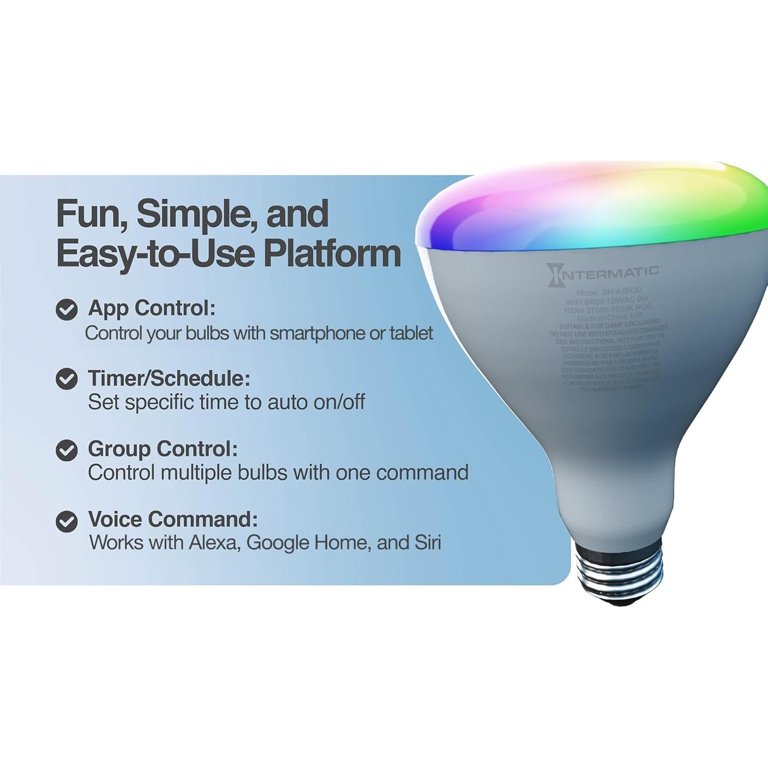 Bombilla Inteligente Intermatic ABRA BR30 RGB 750 Lúmenes - Paquete de 4