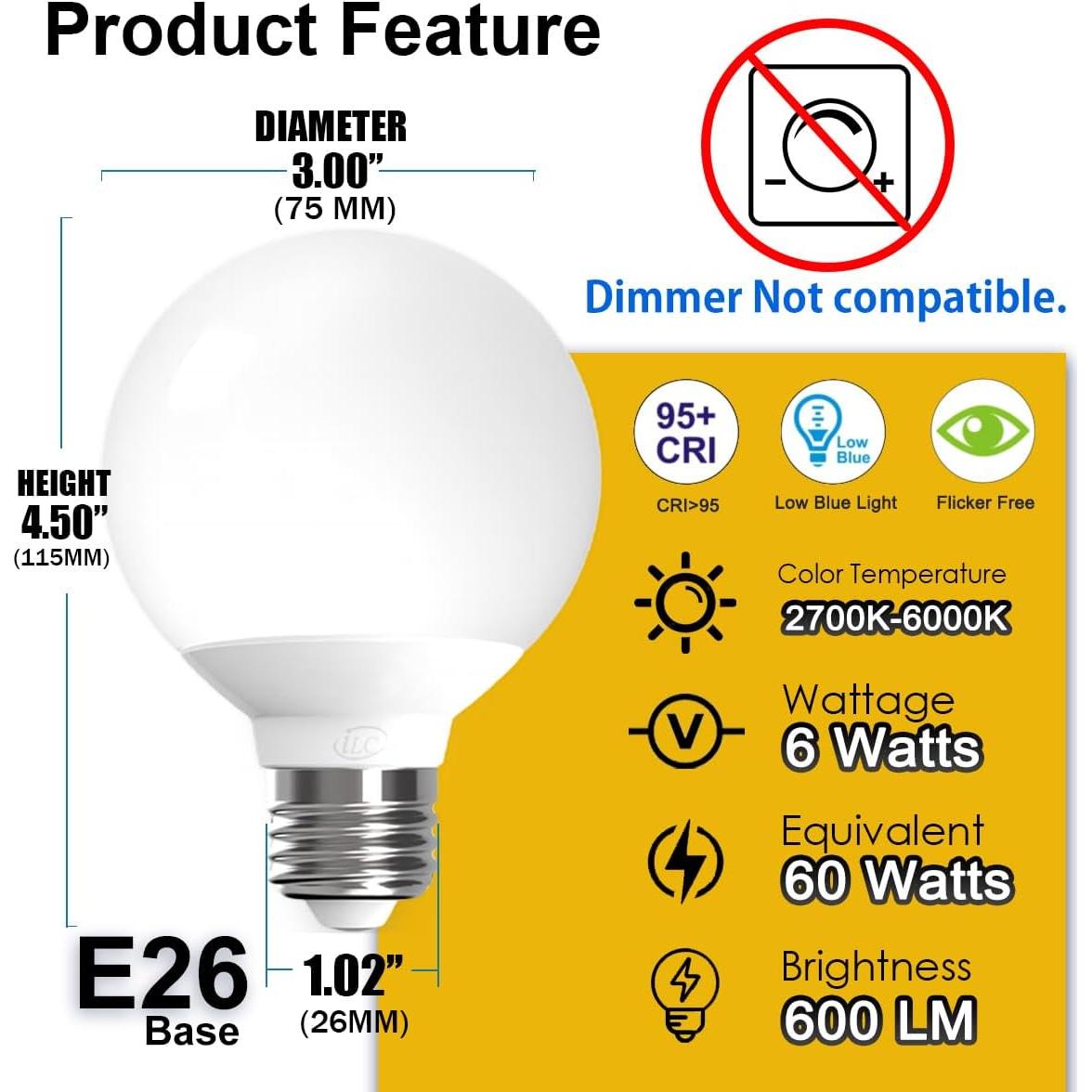 Bombillas LED G25 iLC Bluetooth 6W, 600LM, 2700K-6000K, 6 unidades