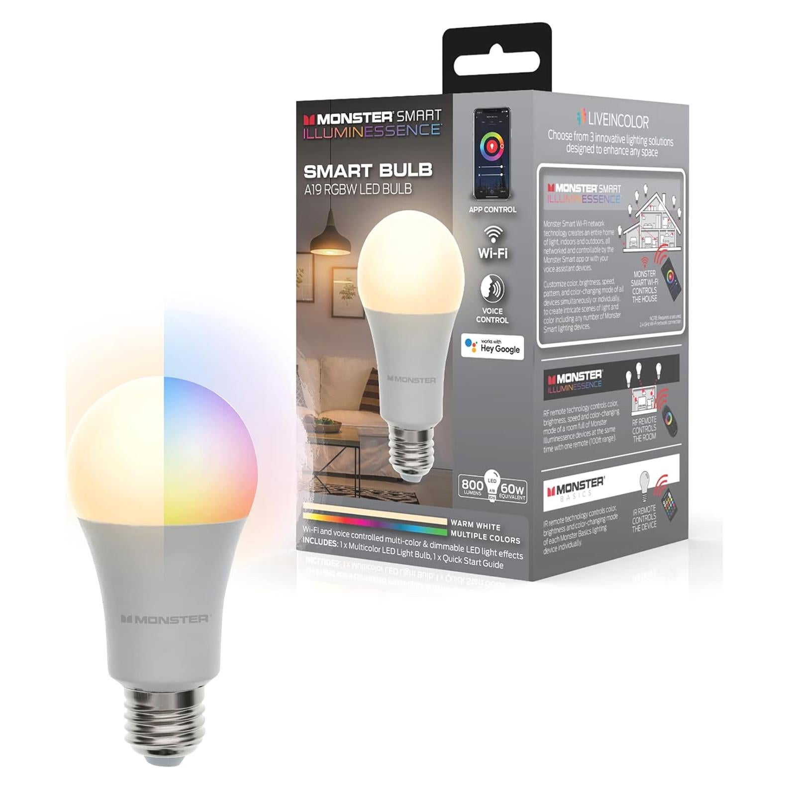 Bombilla LED Multicolor y Blanca Cálida Monster, 9W, Wi-Fi