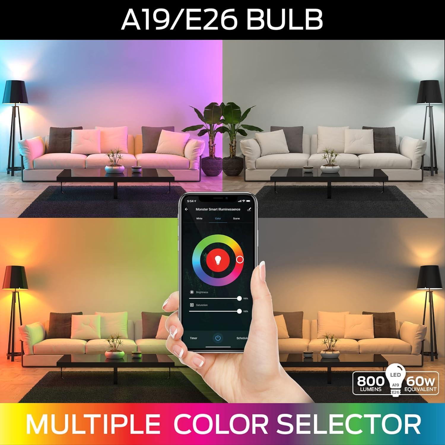 Bombilla LED Multicolor y Blanca Cálida Monster, 9W, Wi-Fi