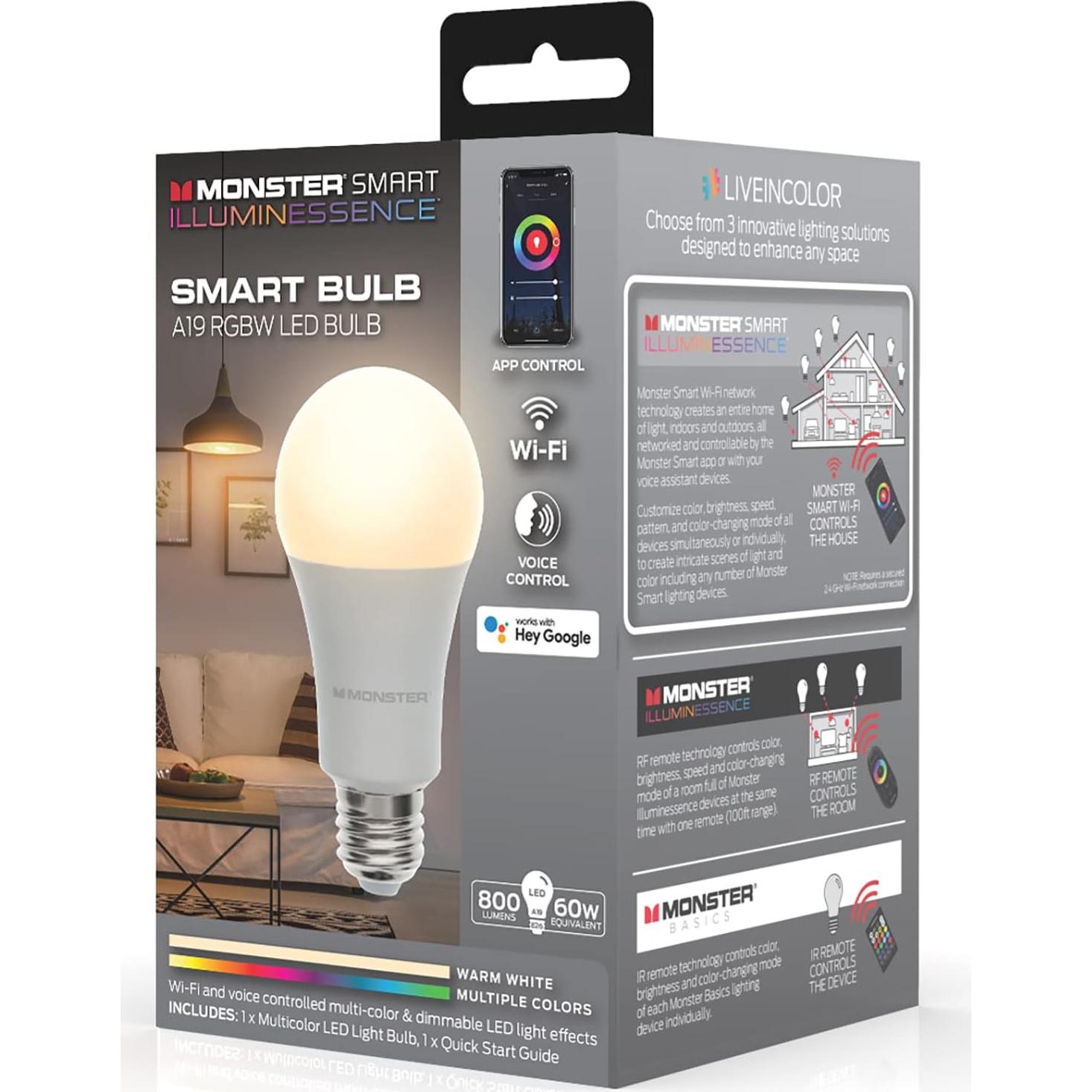 Bombilla LED Multicolor y Blanca Cálida Monster, 9W, Wi-Fi