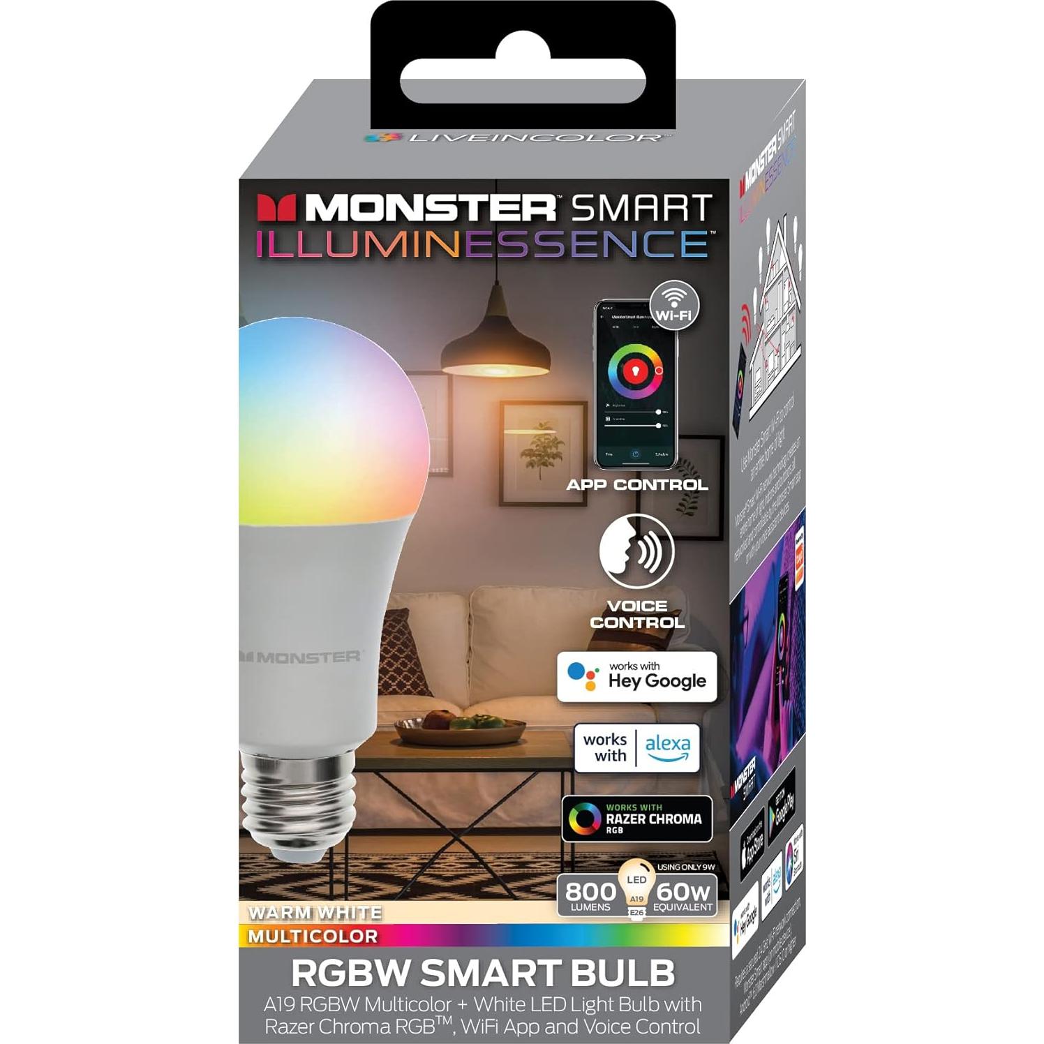 Bombilla LED Multicolor y Blanca Cálida Monster, 9W, Wi-Fi