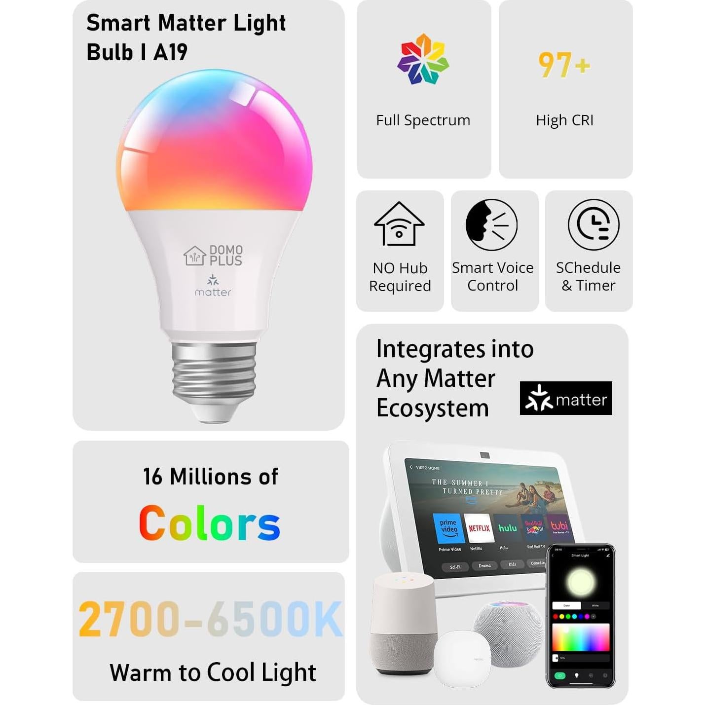 Bombillas Inteligentes DomoPlus A19 RGBWW 800Lm Paquete de 2