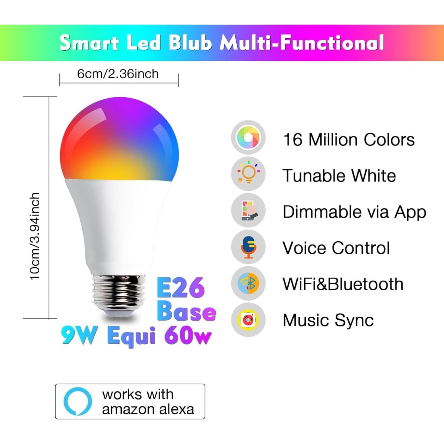 Bombilla LED Inteligente Dalattin A19 E26 800LM RGBW 2 Piezas