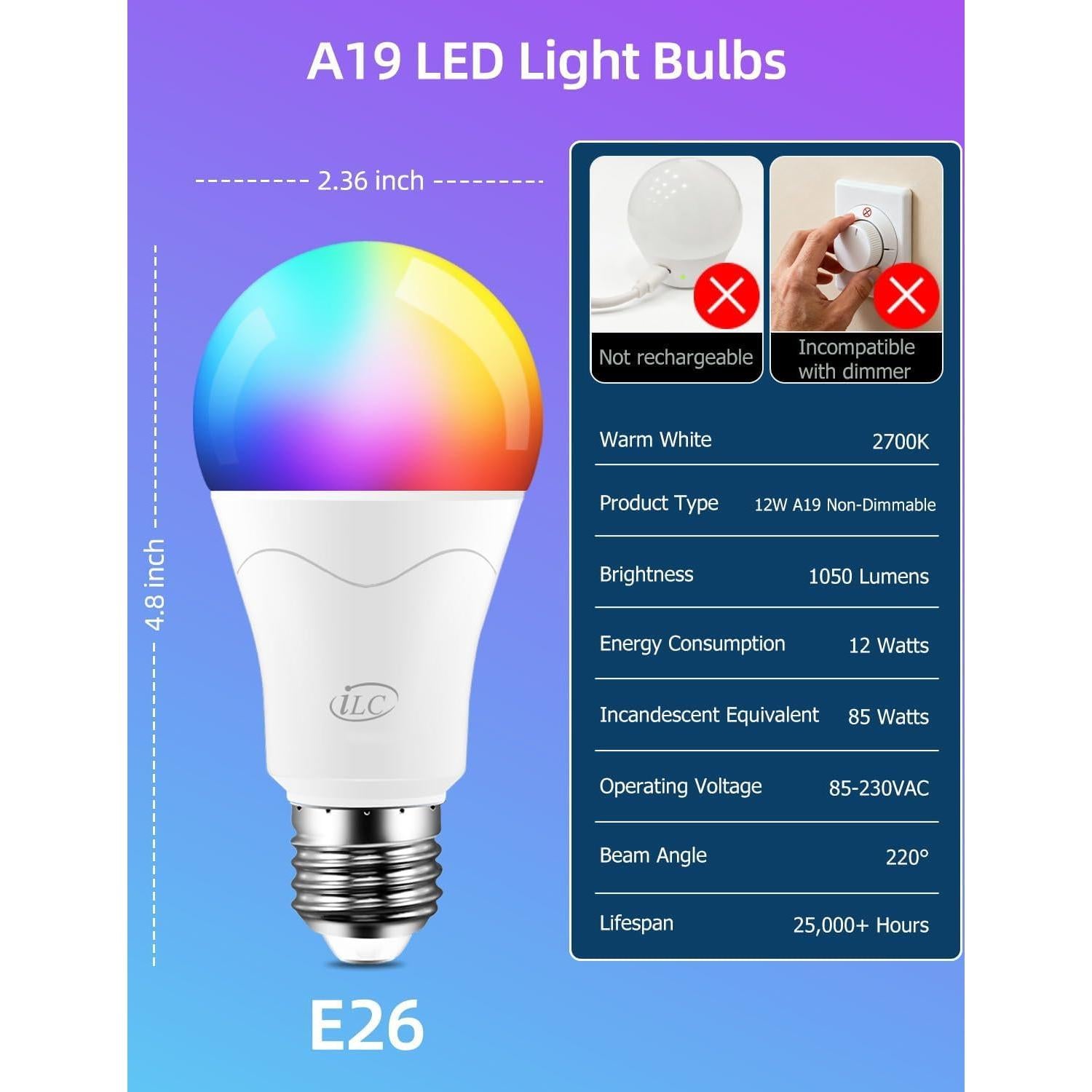 Bombilla LED iLC 12W RGB Control Remoto 2700K Paquete de 2