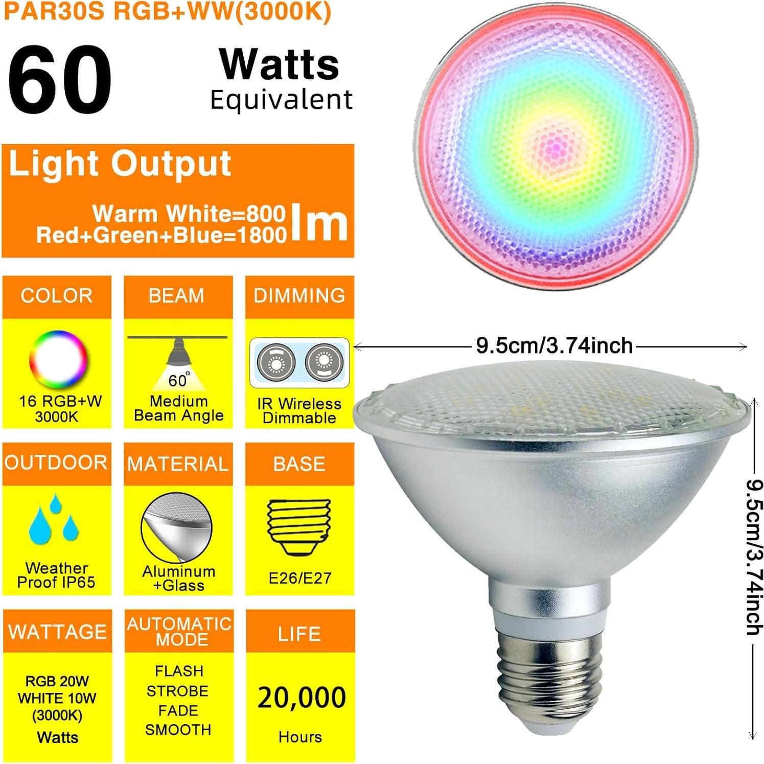 Paquete de 2 Bombillas LED PAR30S 30W RGB+Blanco Cálido