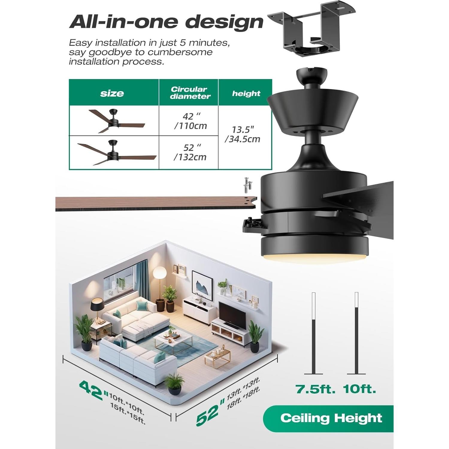 Ventilador de Techo Hinomy 132 cm con Luz LED y Control Remoto