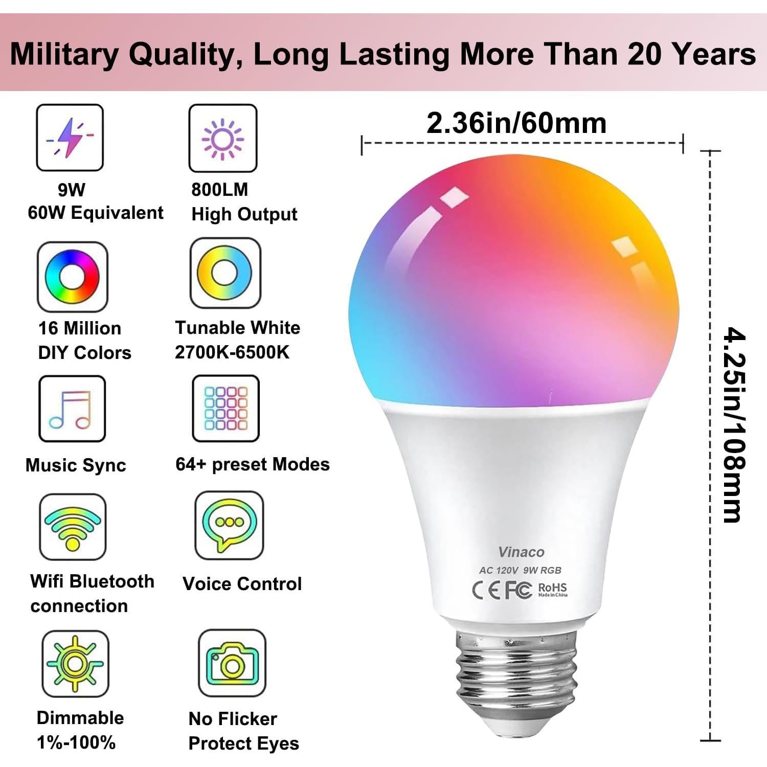 Bombilla LED Inteligente Vinaco A19 9W RGB E26 WiFi Alexa