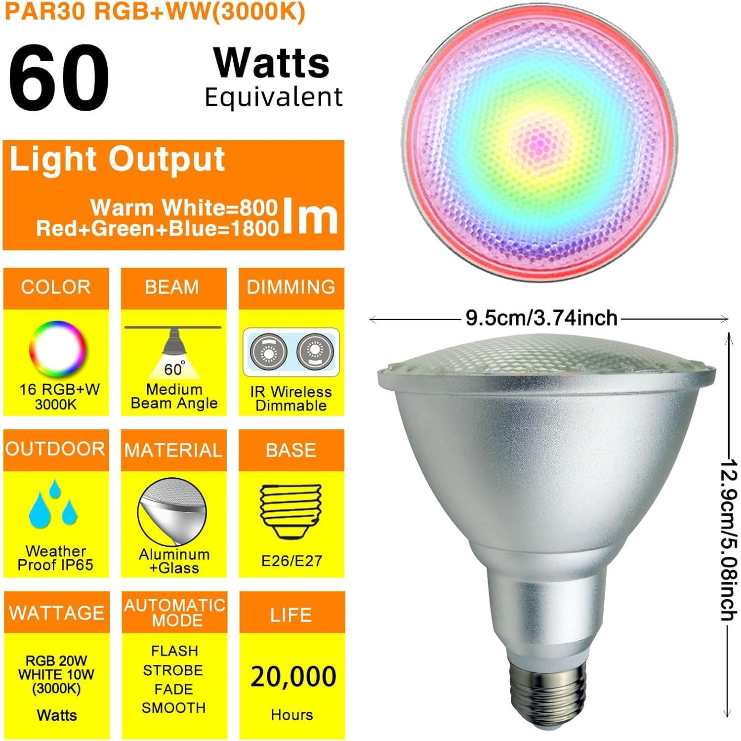 2Pack Bombilla LED PAR30 Changgong 30W RGB+Blanco Cálido 3000K