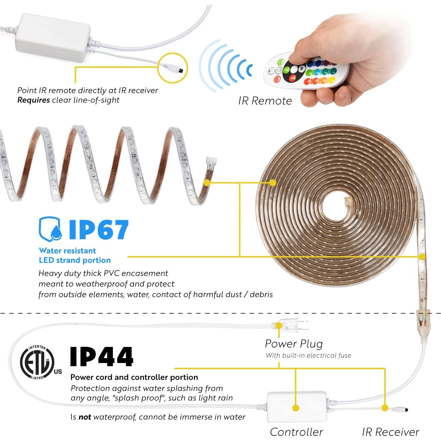 Luces de tira LED WYZworks 30.48 m SMD 5050 IP67 16 colores