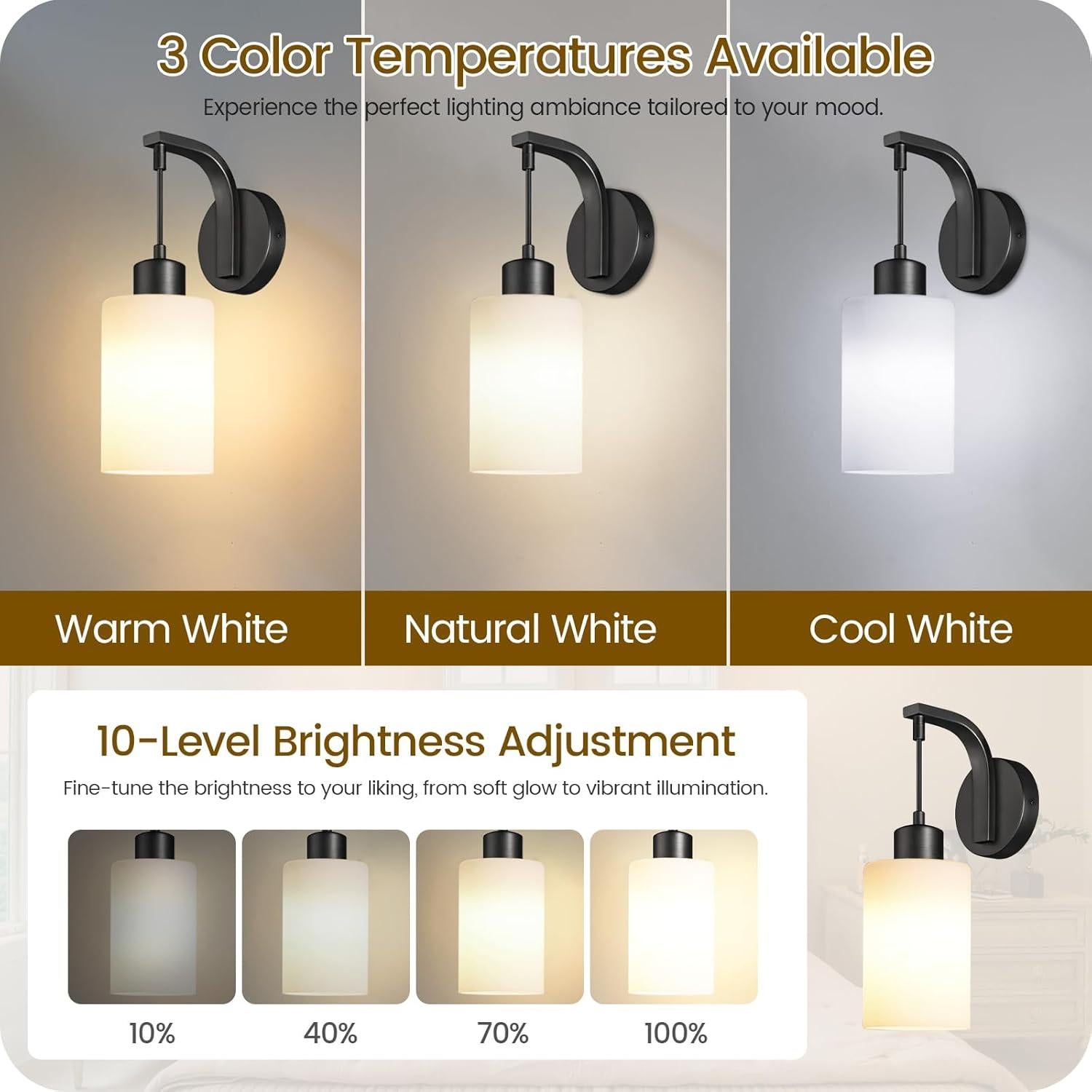 Wireless Wall Sconces Battery Operated Set of 2, Mordern Rechargeable Wall Lights with Remote RGB Bulbs, Dimmable Wall Lamp for Bedroom, Living Room, Hallway, Glass Shade, Black, B03YBP205