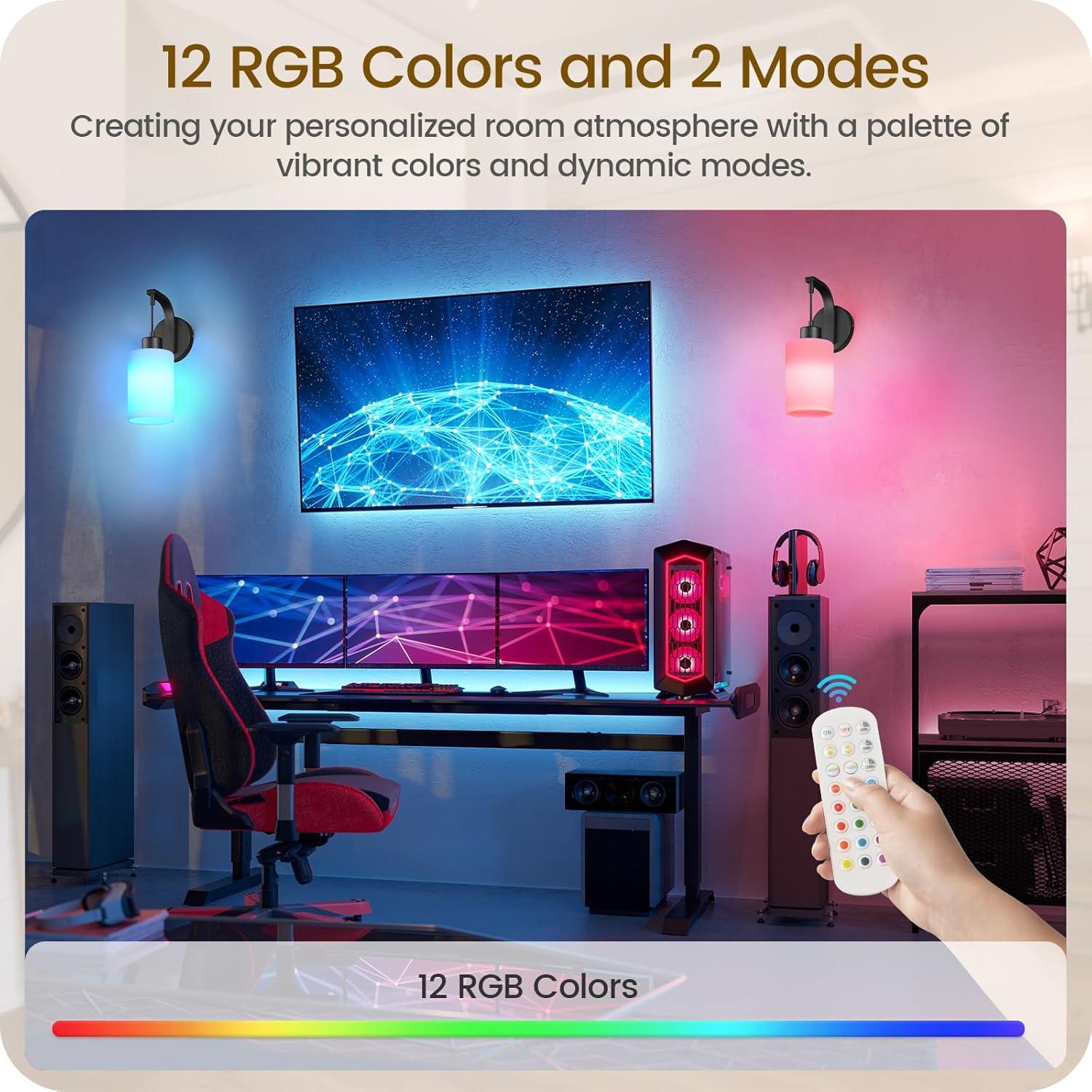 Wireless Wall Sconces Battery Operated Set of 2, Mordern Rechargeable Wall Lights with Remote RGB Bulbs, Dimmable Wall Lamp for Bedroom, Living Room, Hallway, Glass Shade, Black, B03YBP205