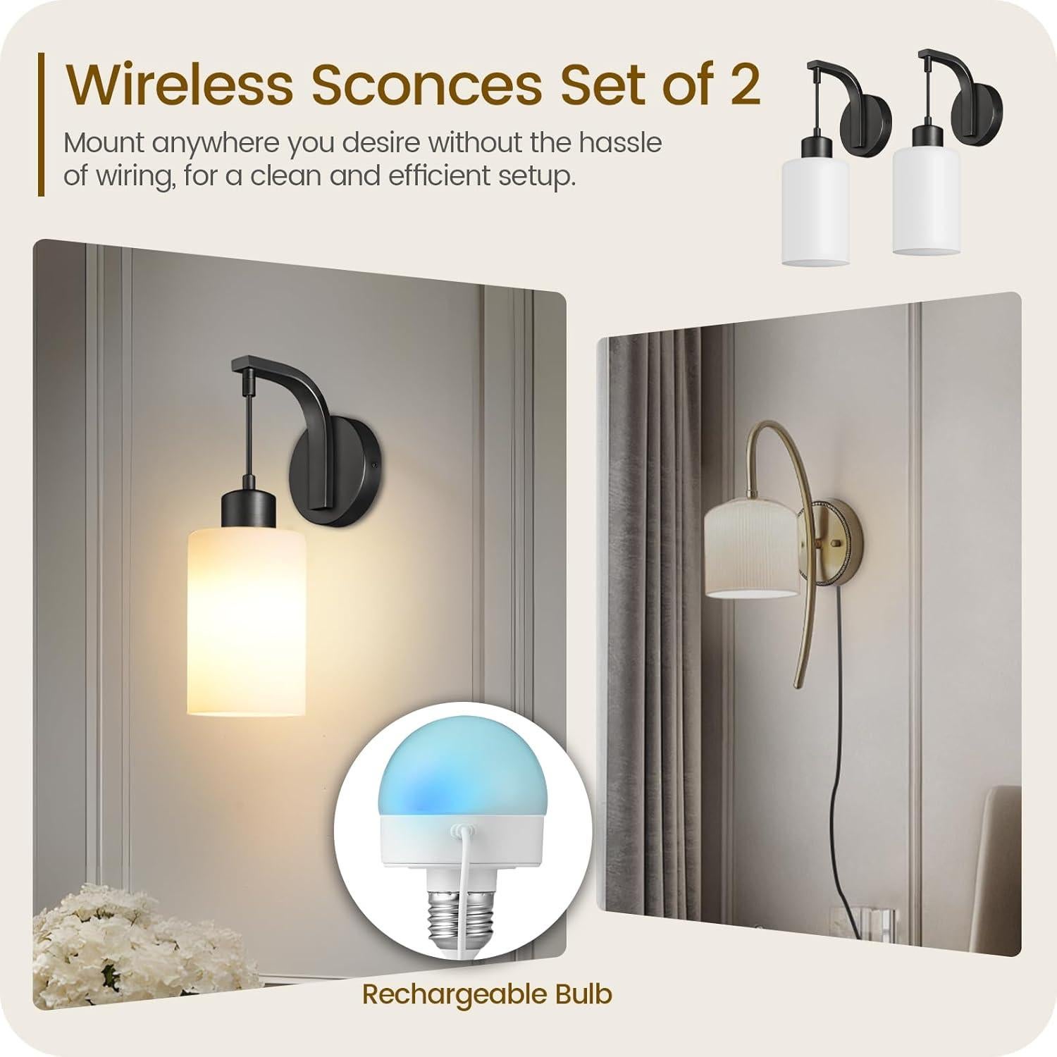 Wireless Wall Sconces Battery Operated Set of 2, Mordern Rechargeable Wall Lights with Remote RGB Bulbs, Dimmable Wall Lamp for Bedroom, Living Room, Hallway, Glass Shade, Black, B03YBP205