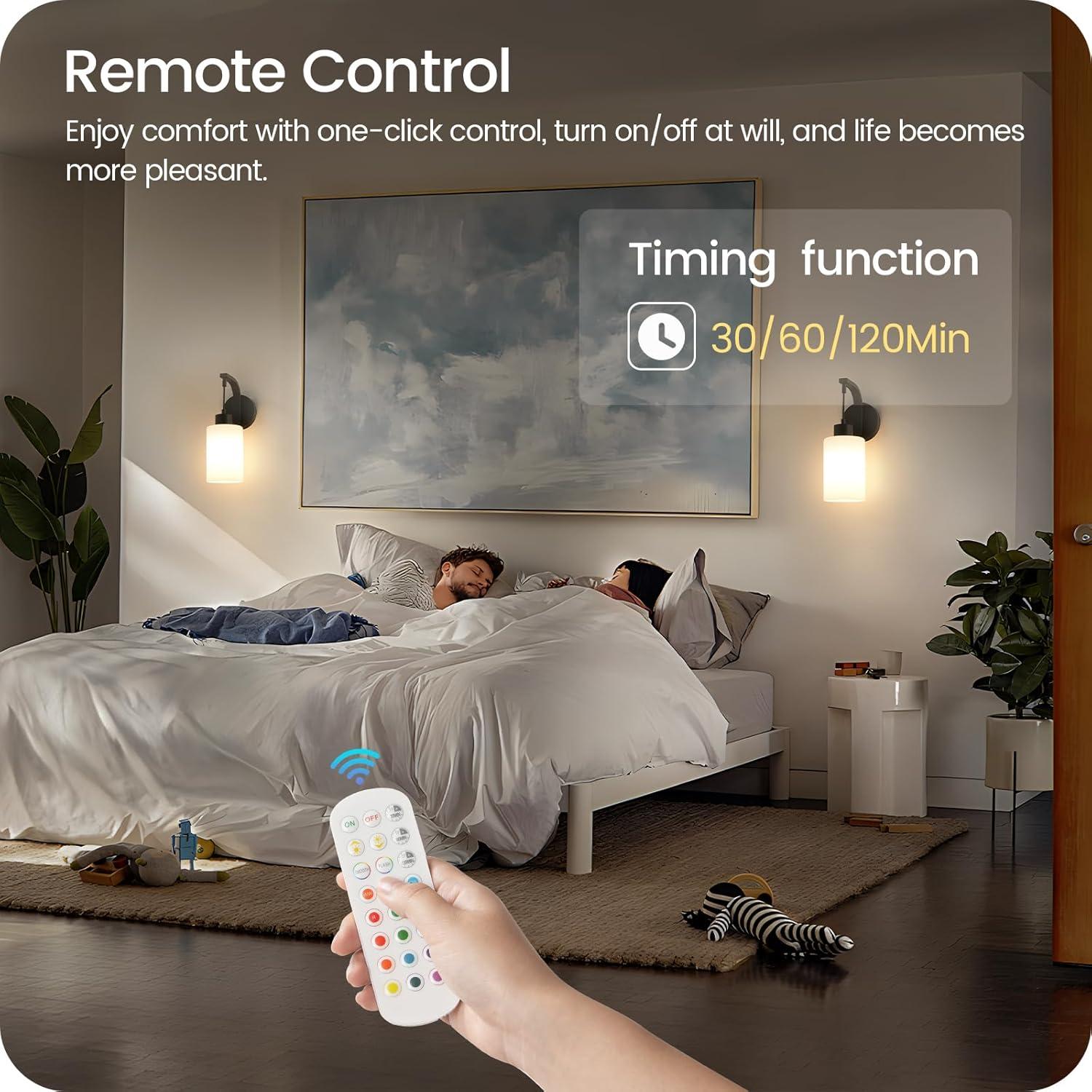 Wireless Wall Sconces Battery Operated Set of 2, Mordern Rechargeable Wall Lights with Remote RGB Bulbs, Dimmable Wall Lamp for Bedroom, Living Room, Hallway, Glass Shade, Black, B03YBP205