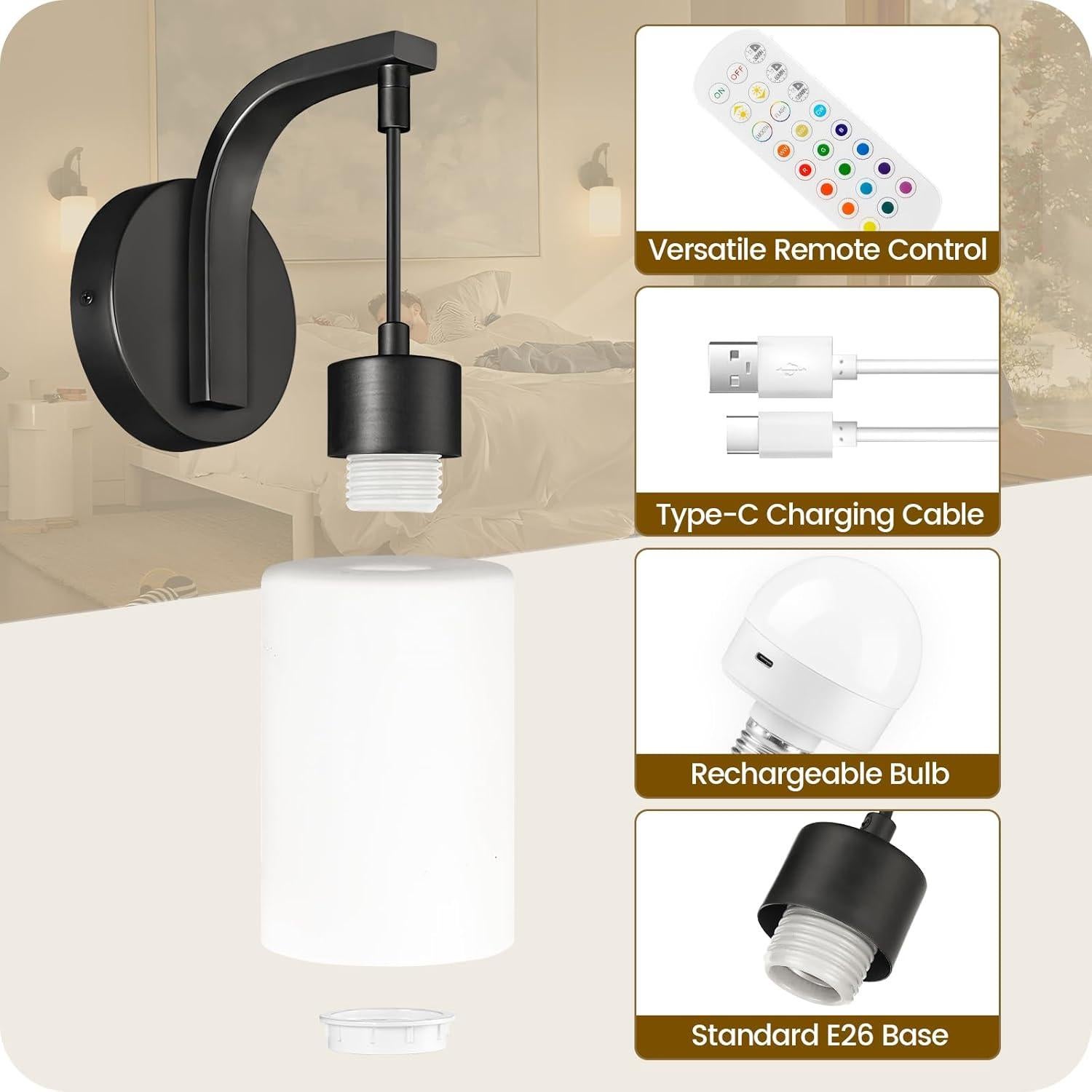 Wireless Wall Sconces Battery Operated Set of 2, Mordern Rechargeable Wall Lights with Remote RGB Bulbs, Dimmable Wall Lamp for Bedroom, Living Room, Hallway, Glass Shade, Black, B03YBP205