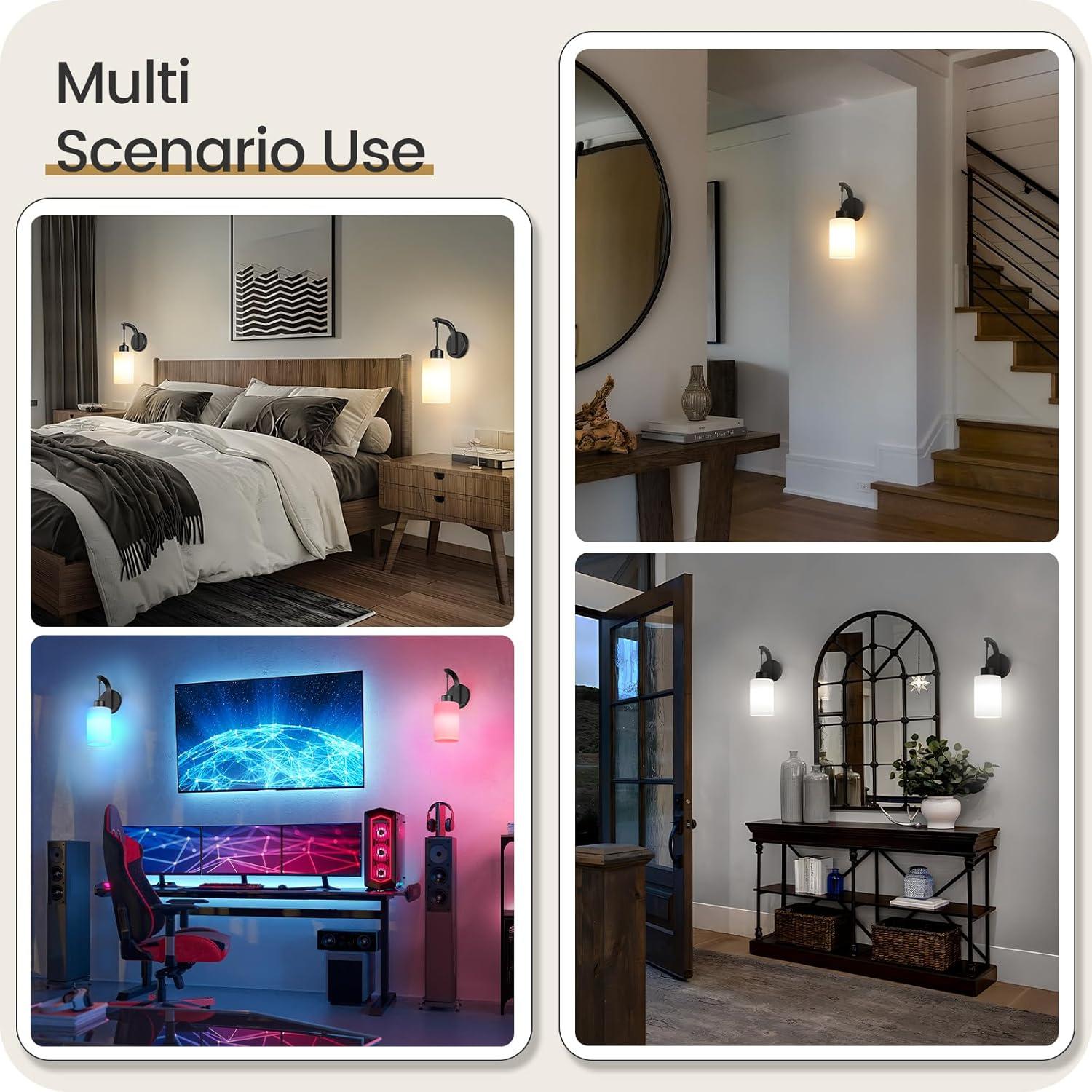 Wireless Wall Sconces Battery Operated Set of 2, Mordern Rechargeable Wall Lights with Remote RGB Bulbs, Dimmable Wall Lamp for Bedroom, Living Room, Hallway, Glass Shade, Black, B03YBP205