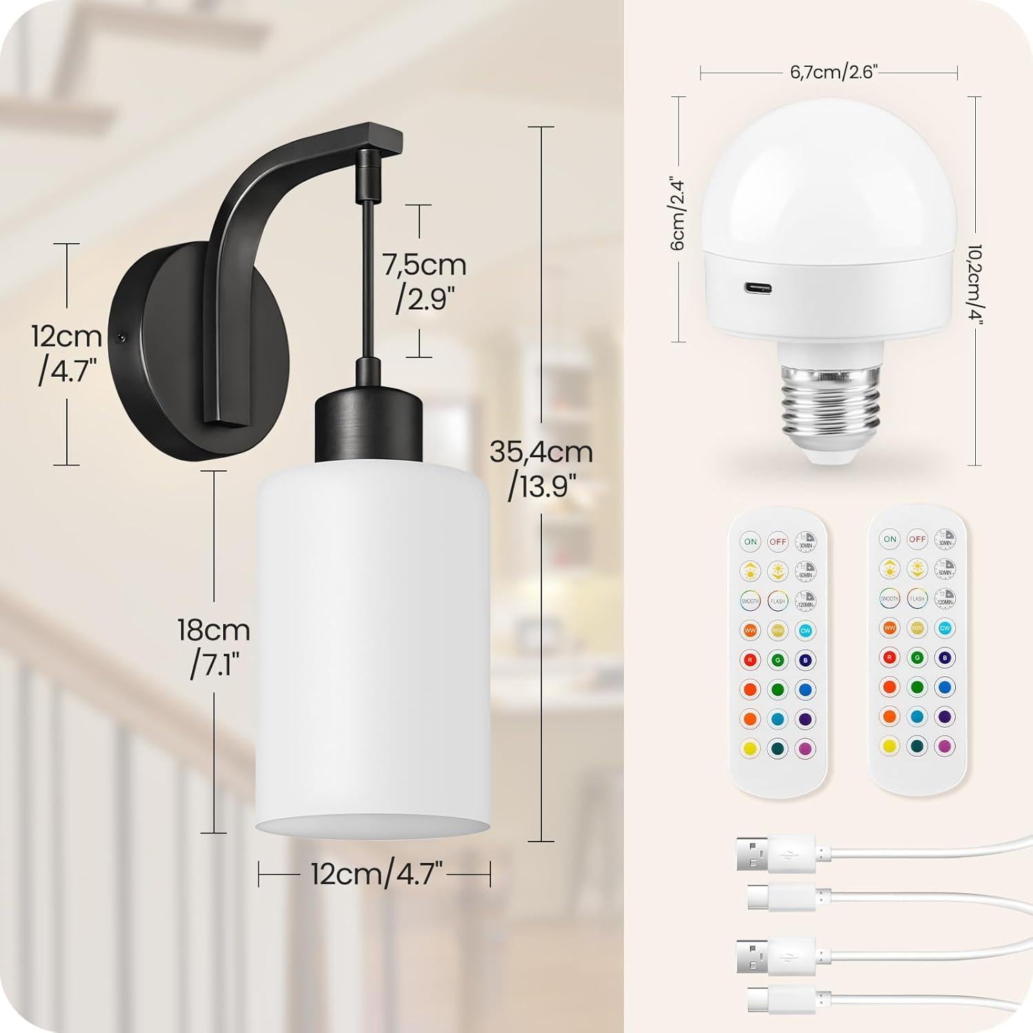 Wireless Wall Sconces Battery Operated Set of 2, Mordern Rechargeable Wall Lights with Remote RGB Bulbs, Dimmable Wall Lamp for Bedroom, Living Room, Hallway, Glass Shade, Black, B03YBP205