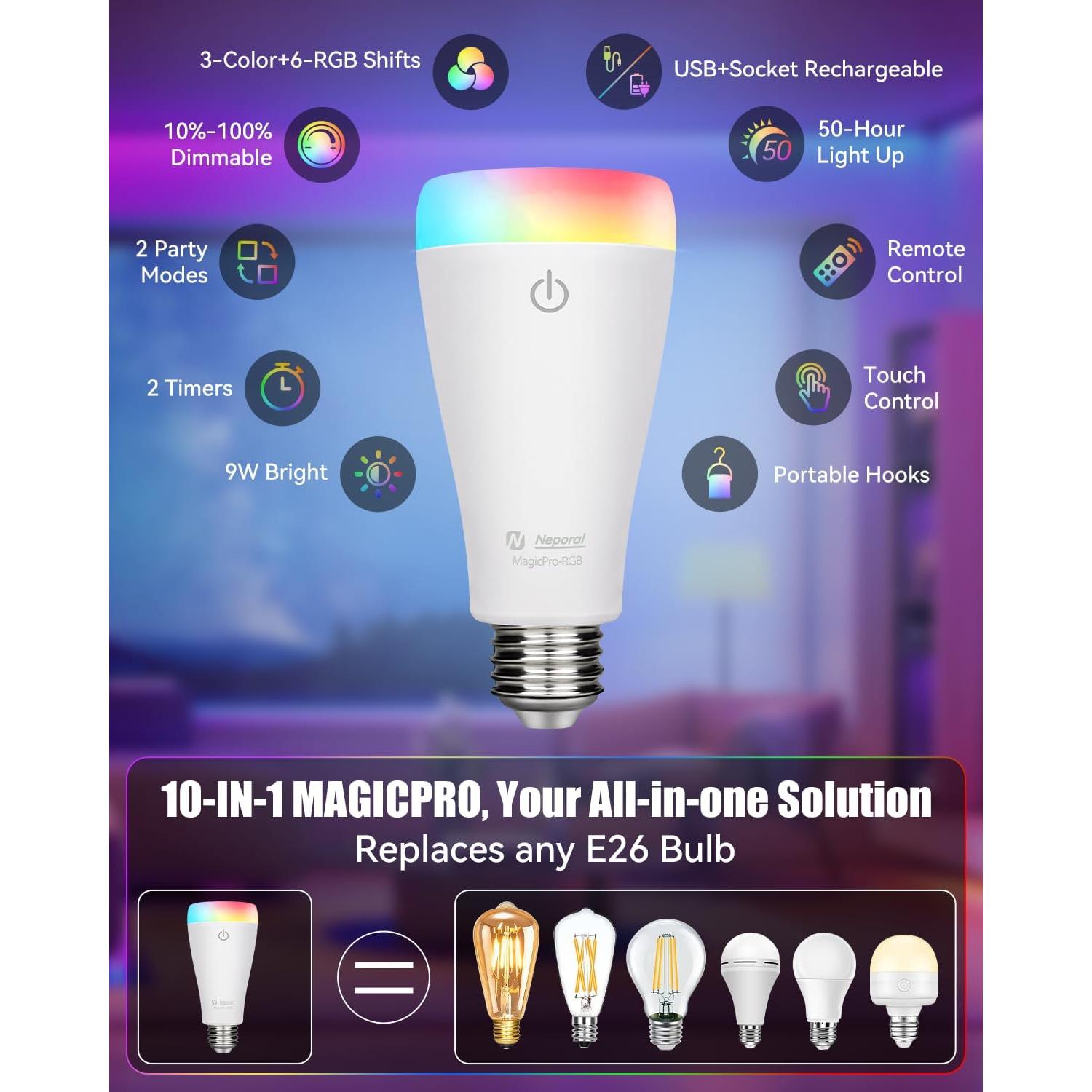 Bombillas Recargables Neporal MAGICPRO-RGB 9W 2PK USB E26/E27