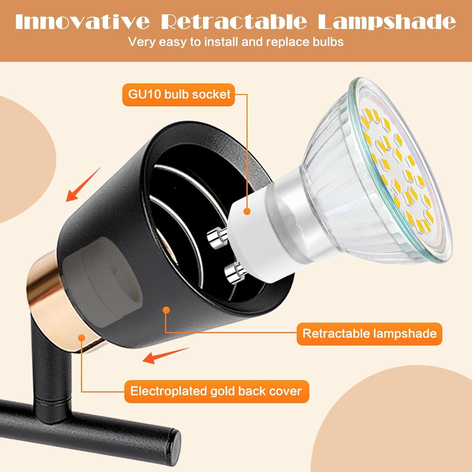 Focos de Riel LED GORDNWE 4 Cabezas GU10 Ajustables Negro