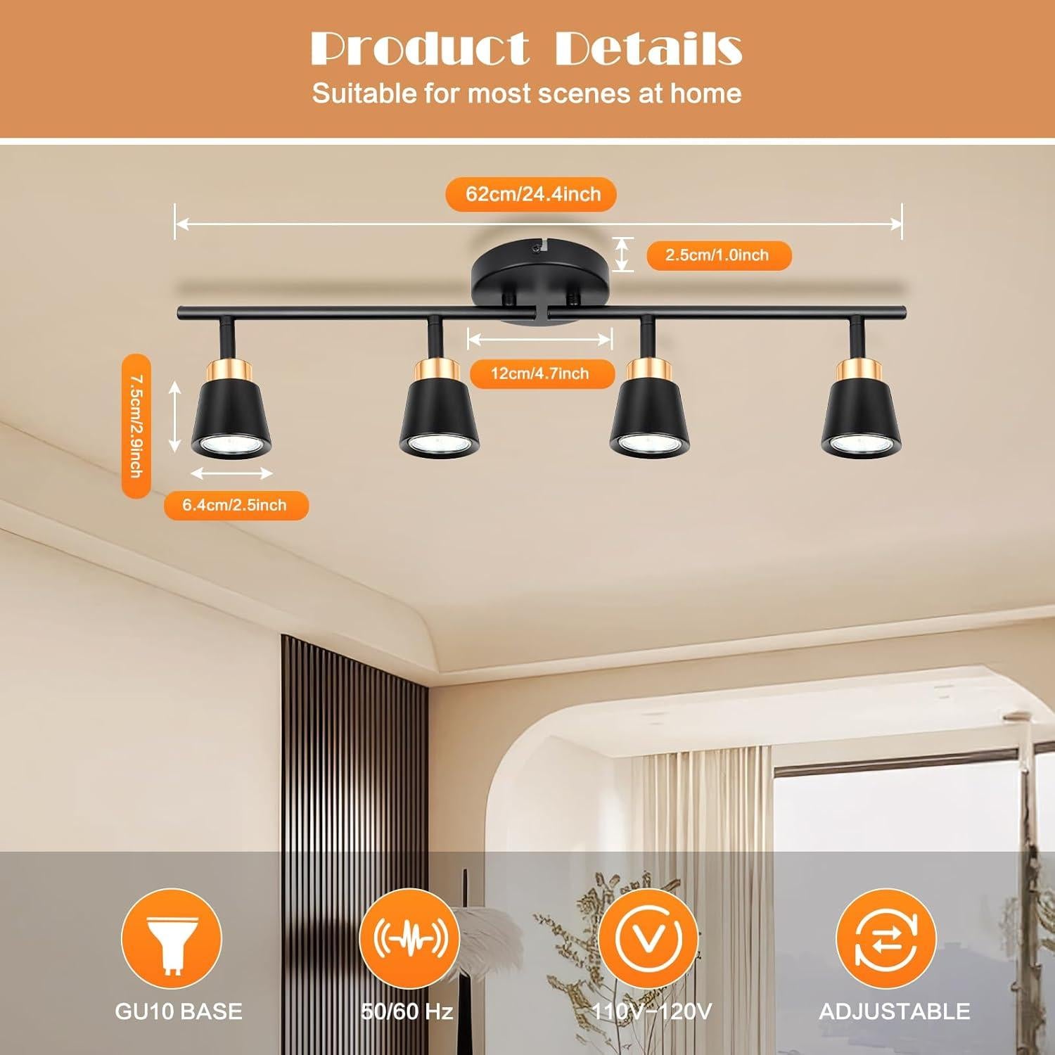 Focos de Riel LED GORDNWE 4 Cabezas GU10 Ajustables Negro